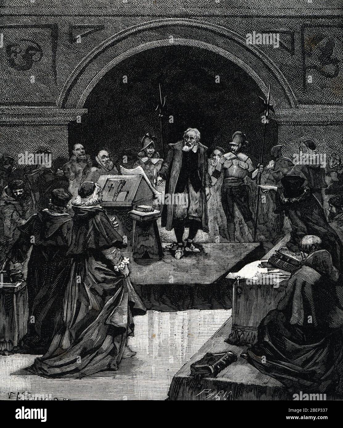 Galilee et l'Inquisition : 'e pur si muove !' (Et pourtant elle tourne) - l'astronome italien Galileo Galilei (1564-1642) Marmonne ses paroles en 1633 Foto Stock