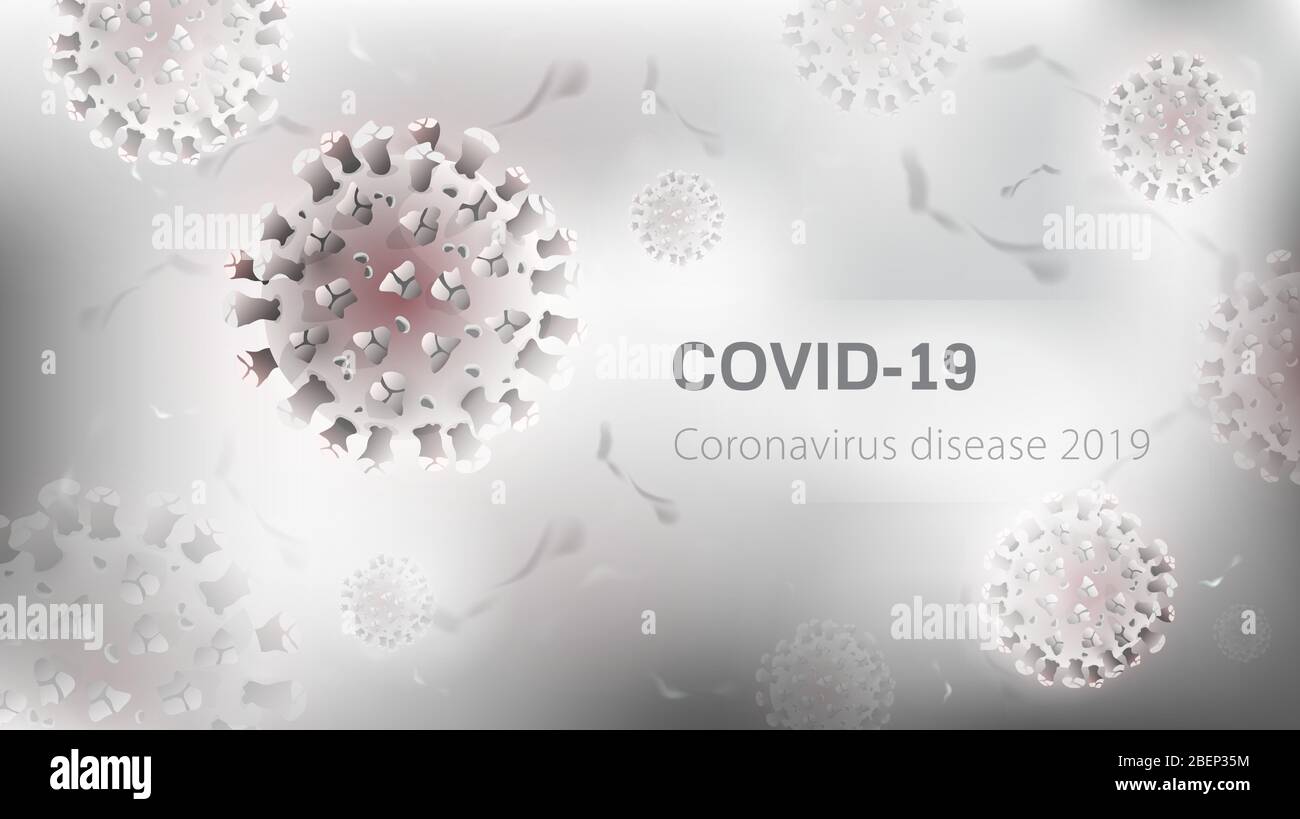 Particelle di coronavirus su sfondo bianco grigio con spazio per il testo Illustrazione Vettoriale