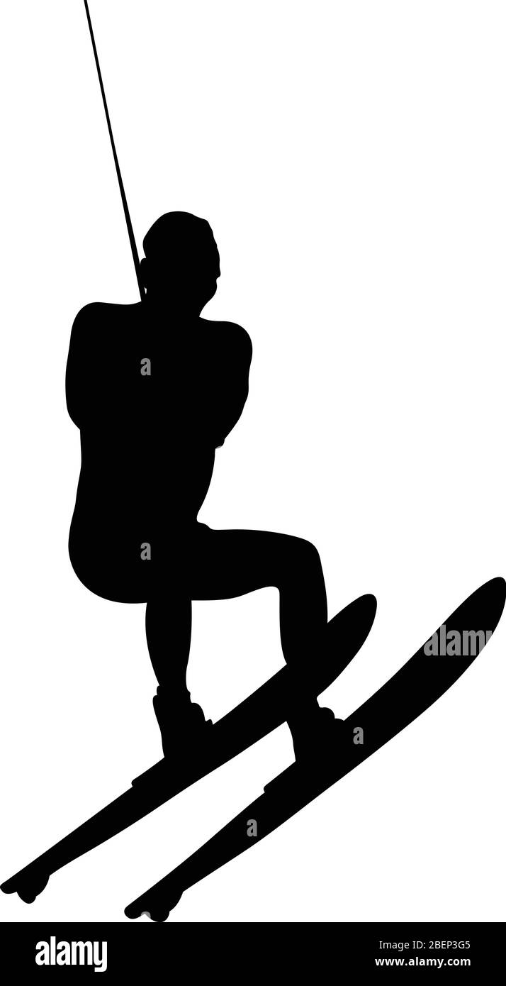 atleta maschile su sci d'acqua in sport d'acqua silhouette nera Illustrazione Vettoriale