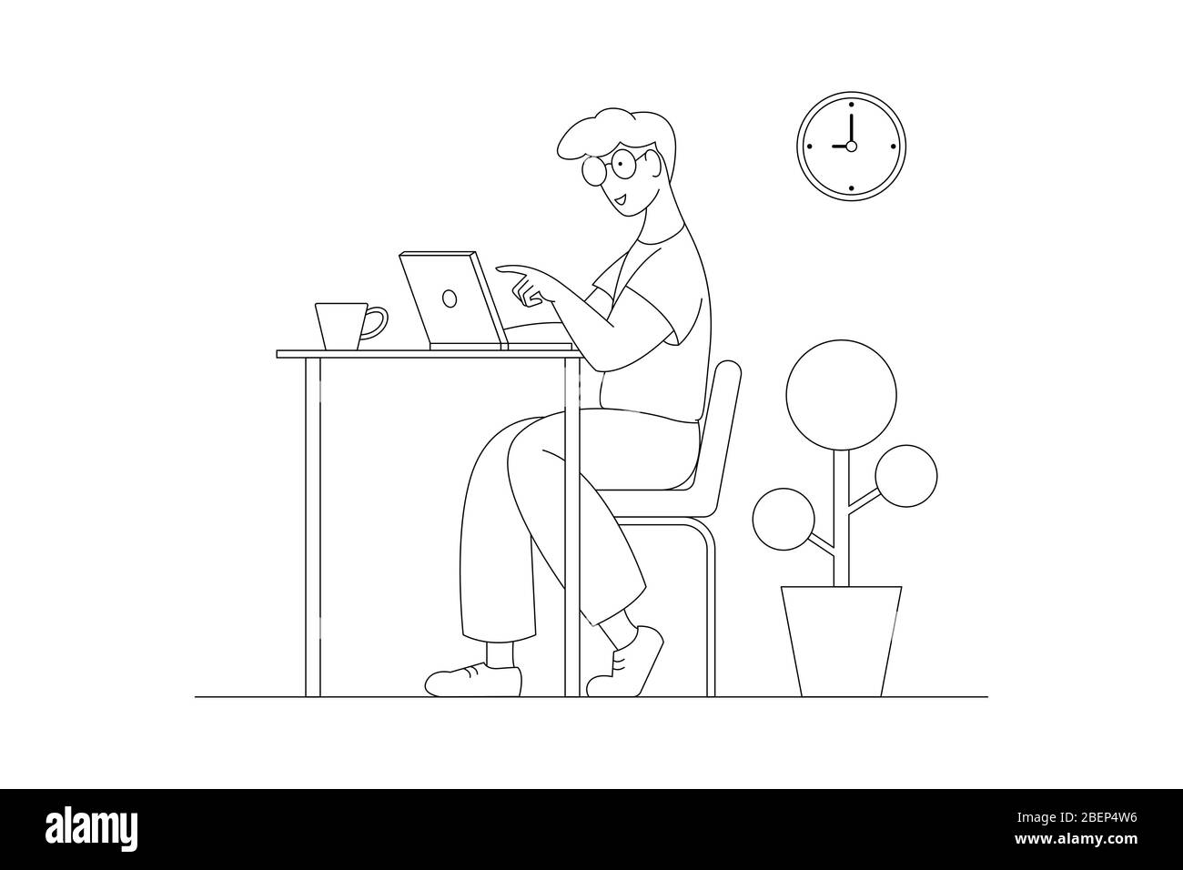 Un uomo che lavora a casa su un progetto, è seduto a un tavolo, indicando idee su un notebook. Illustrazione Vettoriale