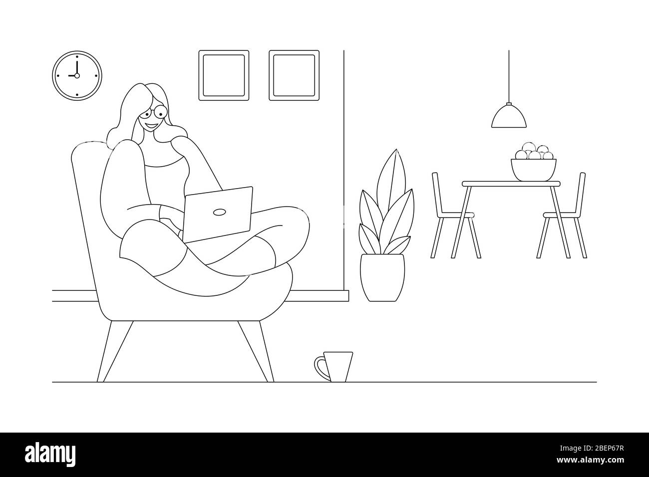 Una donna che lavora a casa per un progetto, è seduta sul divano a casa in soggiorno e utilizzando il computer portatile per il lavoro remoto. Illustrazione Vettoriale