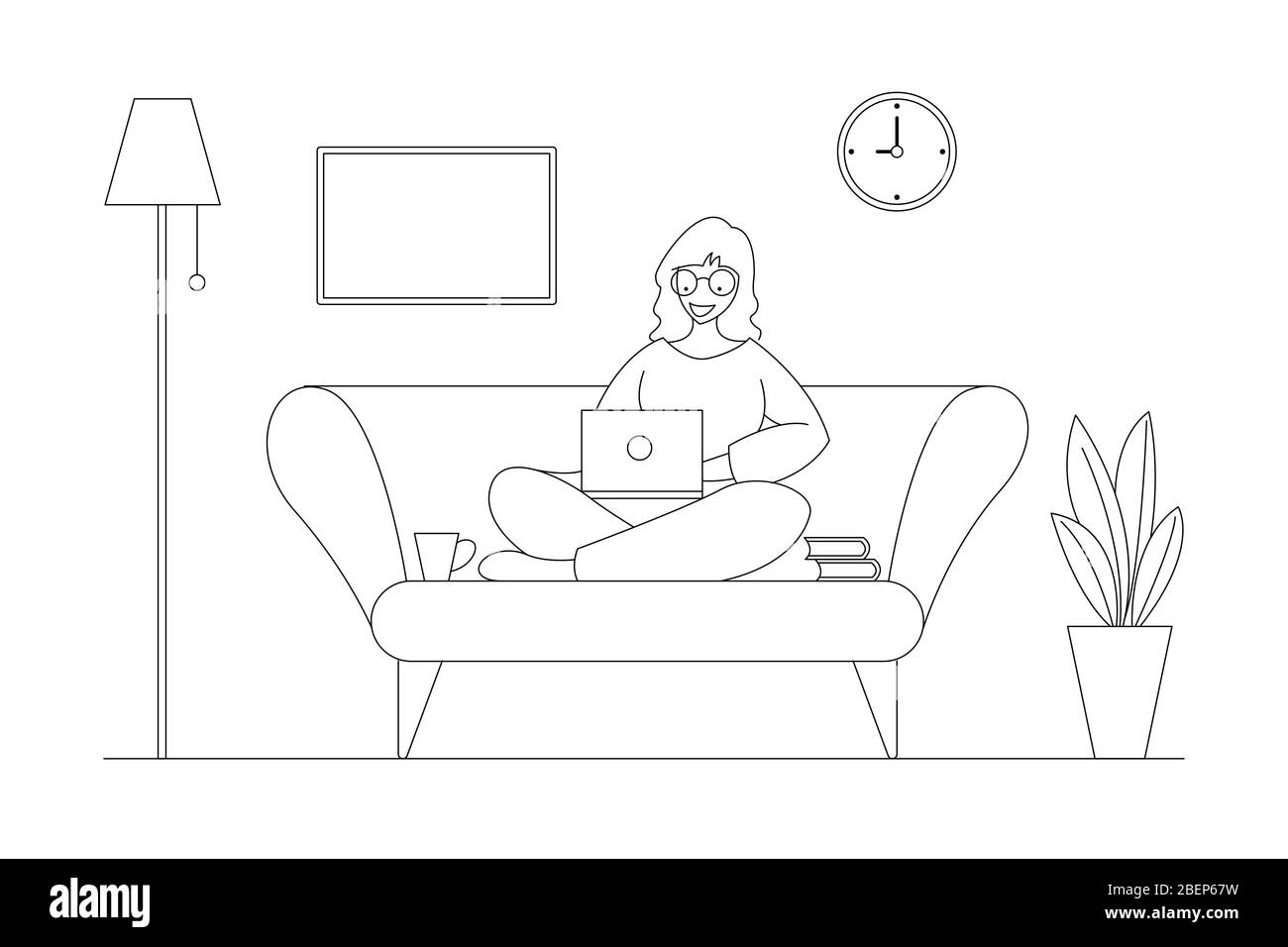 Una donna che lavora a casa per un progetto, è seduta sul divano a casa in soggiorno e utilizzando il computer portatile per il lavoro remoto. Illustrazione Vettoriale