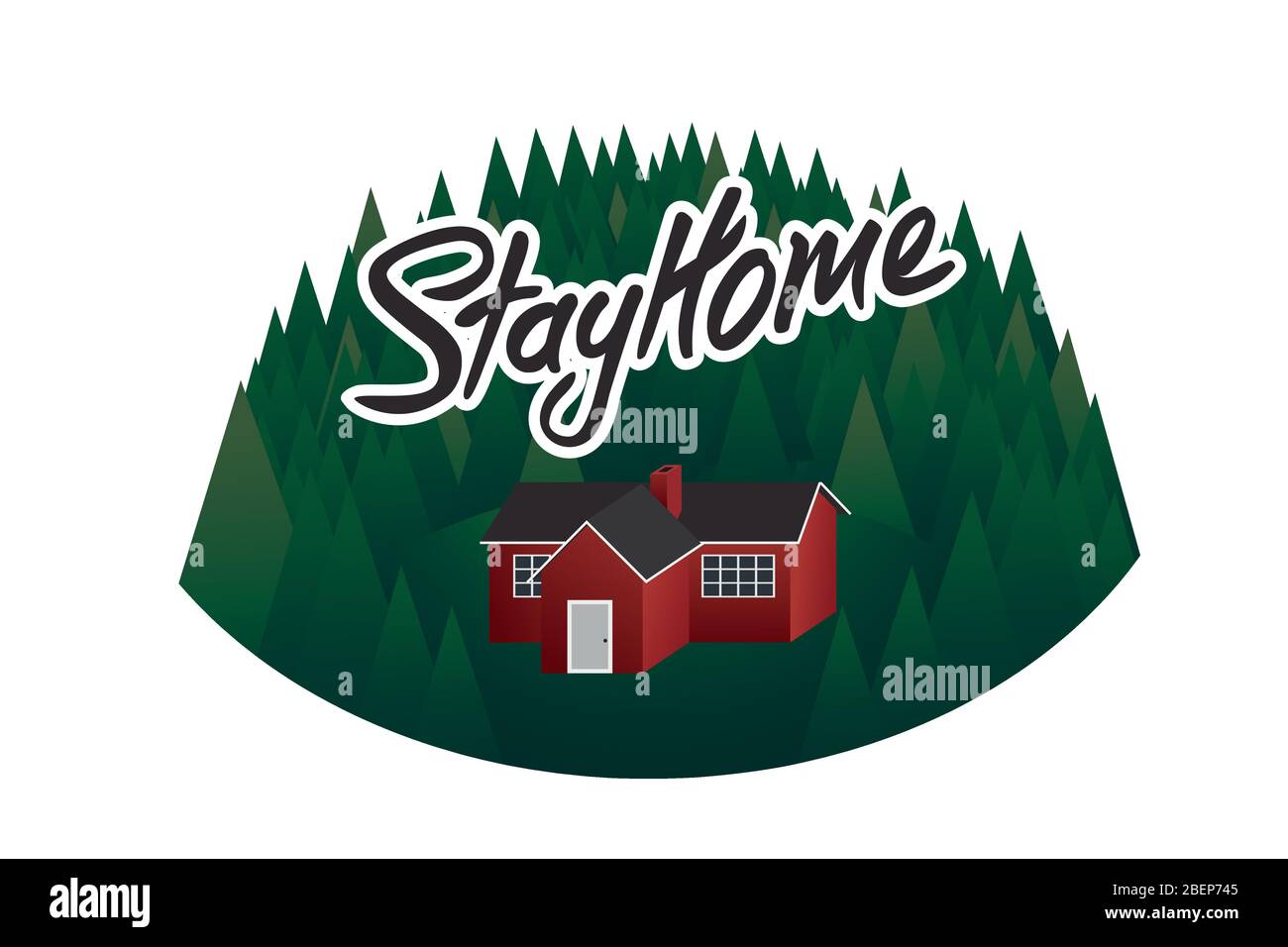Rimani a casa. Isolamento a casa per prevenire il coronavirus. Cabina rossa tra boschi. Moderno vettore disegnato a mano in stile piatto. Rimani a casa per salvare vite. Lavorare da Illustrazione Vettoriale