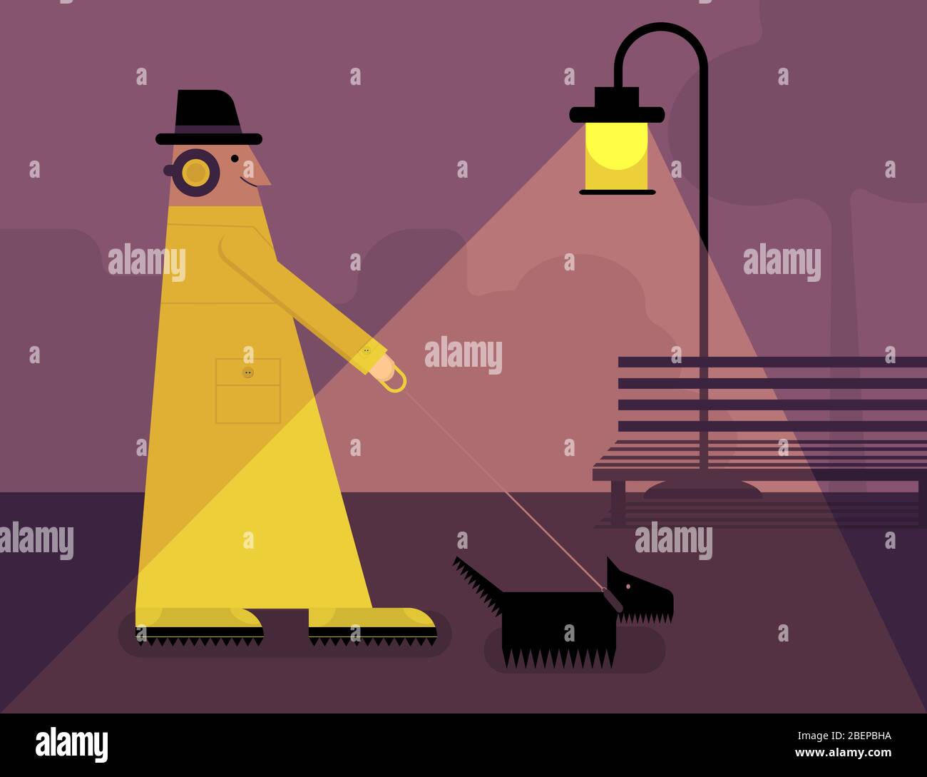 Un uomo che cammina con un cane nel parco cittadino di notte. Illustrazione vettoriale Illustrazione Vettoriale