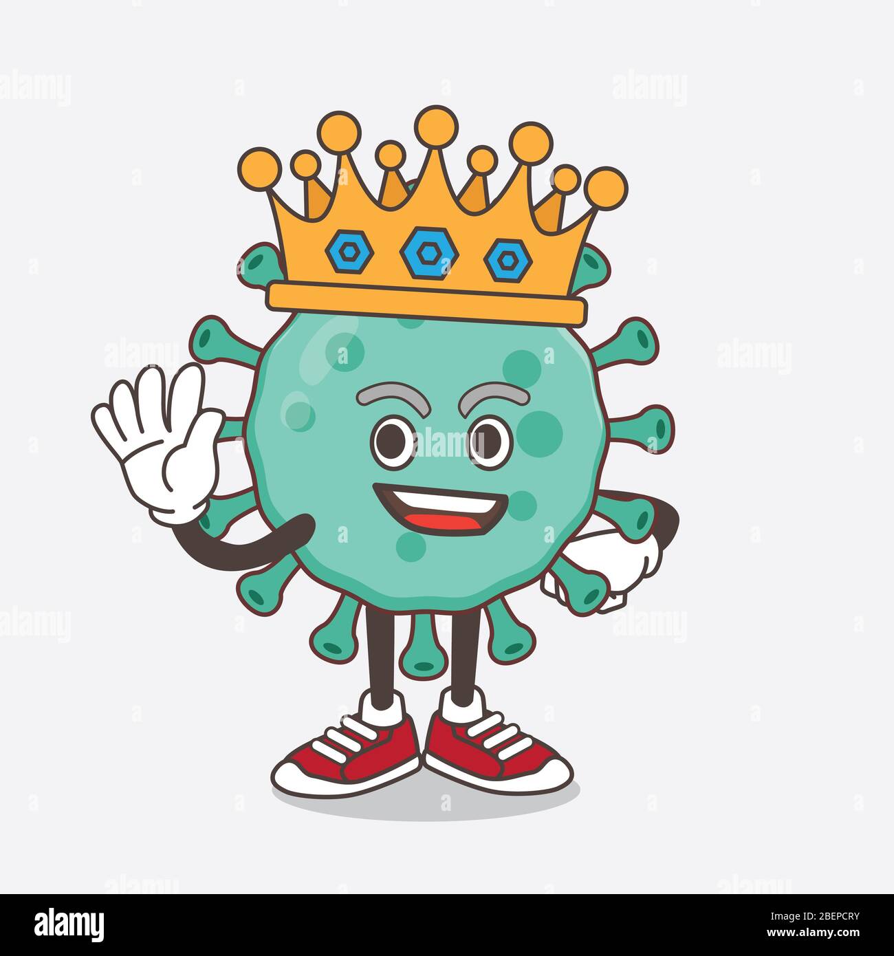 Un'illustrazione del personaggio della mascotte dei cartoni animati Blue Virus stilizzato da King sul disegno della mascotte dei cartoni animati Foto Stock