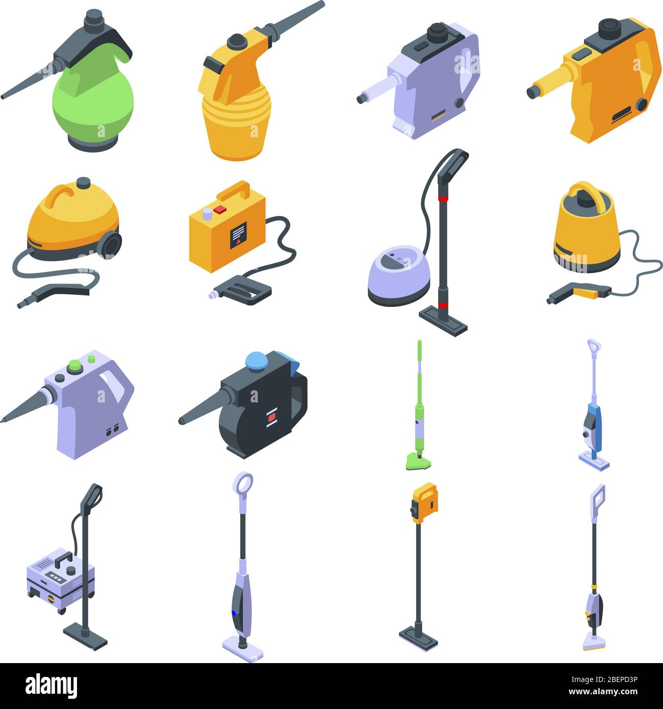 Set icone per il pulitore a vapore, stile isometrico Illustrazione Vettoriale