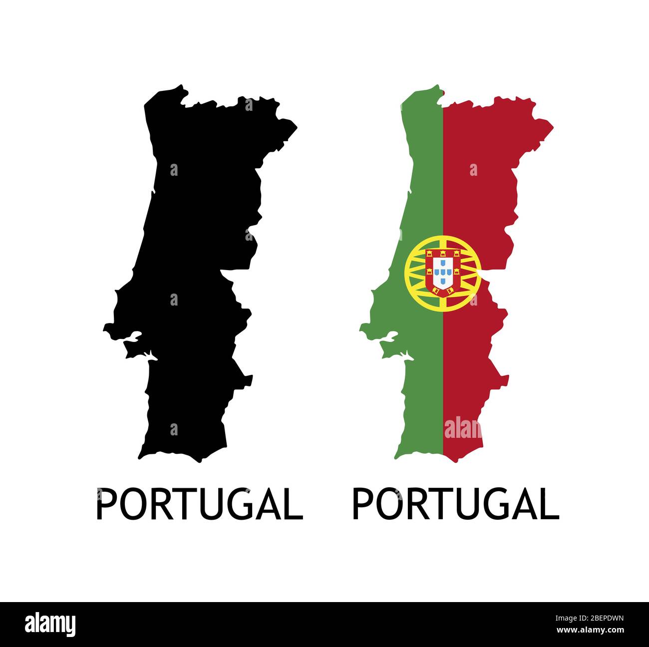 Silhouette del Portogallo colore nero e colorato in Bandiera Nazionale - illustrazioni vettoriali isolato su bianco Illustrazione Vettoriale