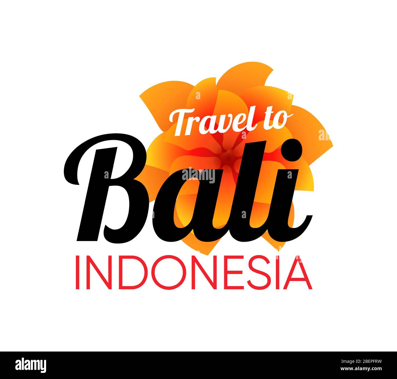 Bali Travel logo con Tropical Beautiful Flower isolato su bianco. Distintivo creativo per il Tour nell'Isola Indonesiana con didascalie. Illustrazione Vettoriale