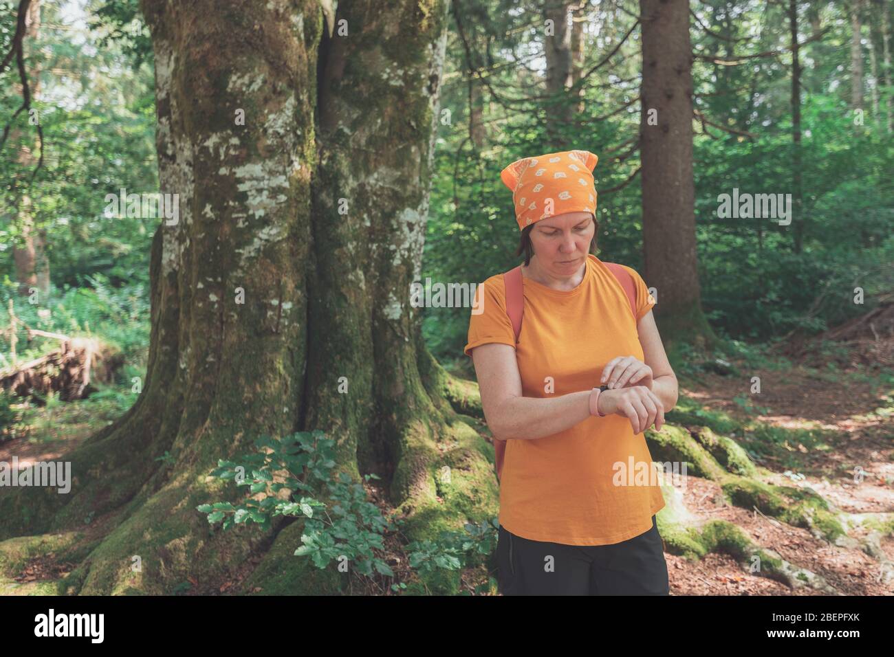 Donna escursionista con smart fitness tracker braccialetto durante il trekking in natura. Femmina escursioni nella foresta e controllo sul suo gadget moderno. Foto Stock