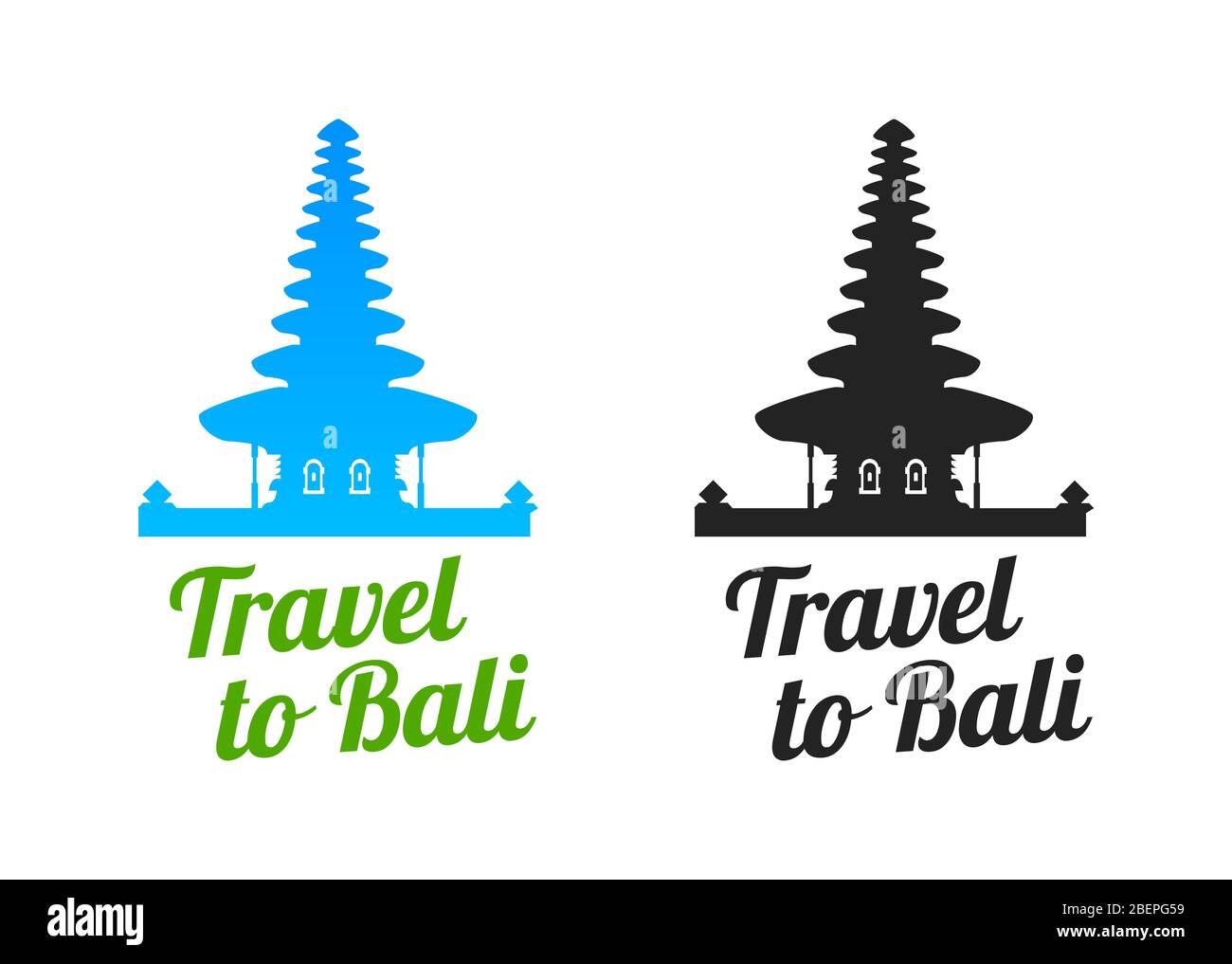 Logo Travel to Bali per l'agenzia di viaggi. Illustrazione vettoriale del Tempio di Bratan a Bali, Indonesia isolato su bianco. Illustrazione Vettoriale