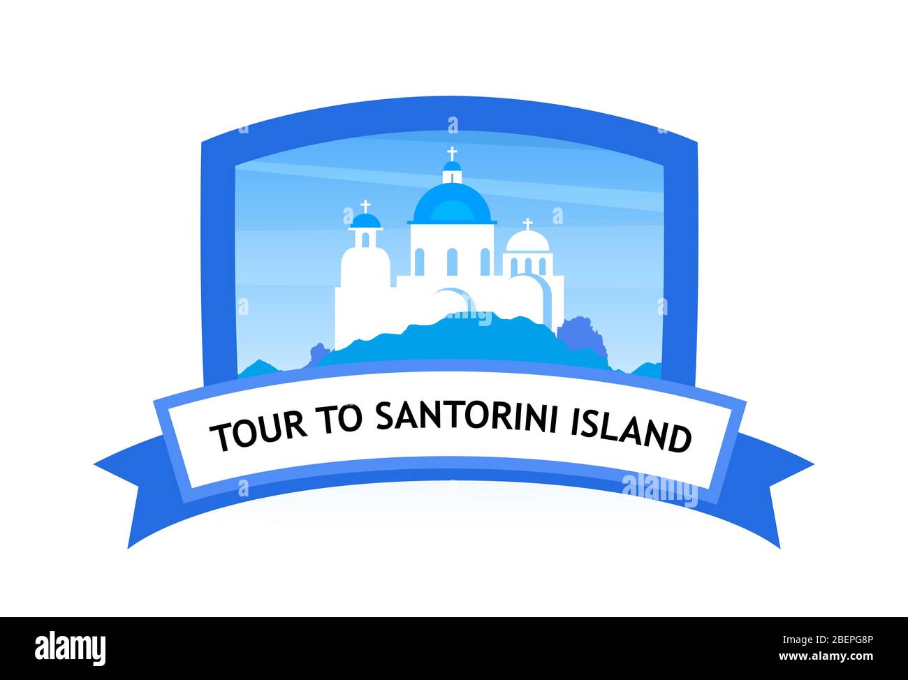 Tour dell'Isola greca di Santorini - distintivo di viaggio Vector con illustrazione e didascalia della Chiesa. Illustrazione Vettoriale