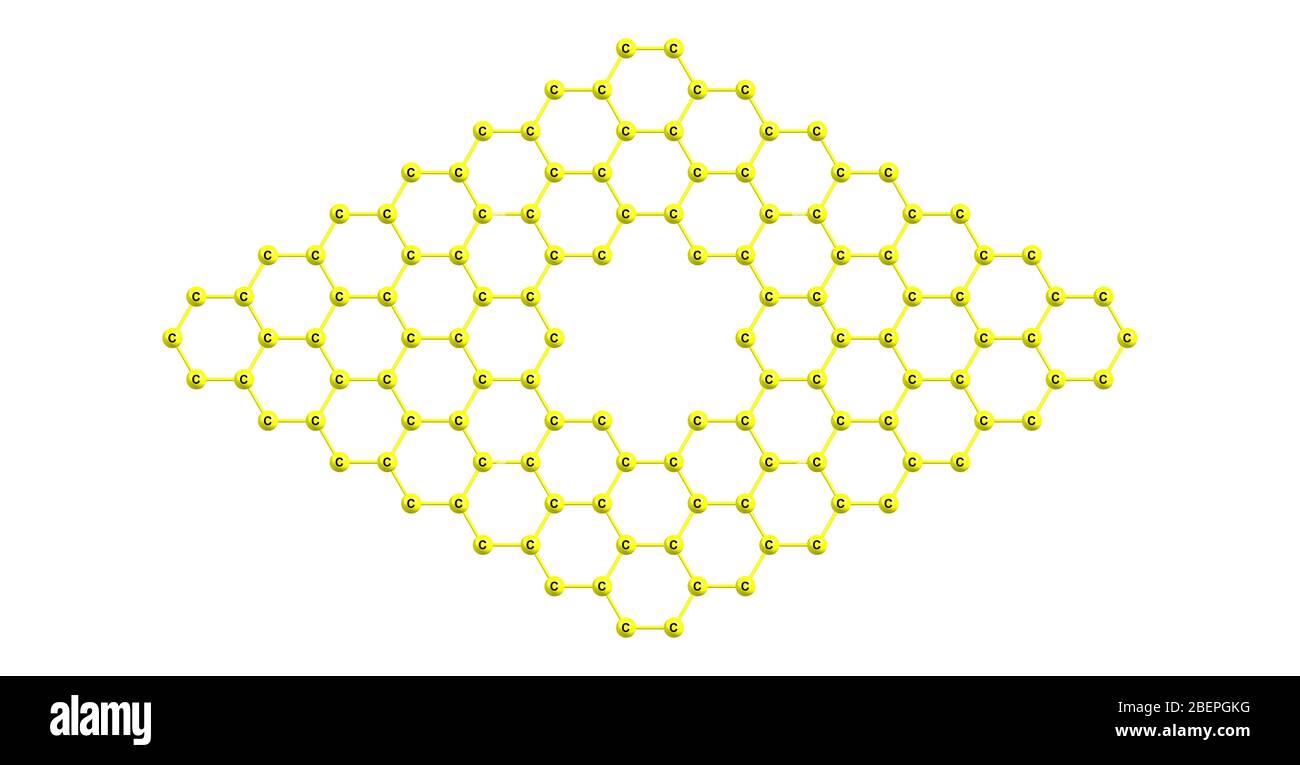 Poro in grafene che è un allotropo di carbonio sotto forma di reticolo esagonale bidimensionale, su scala atomica, in cui un atomo forma ciascun vertice Foto Stock
