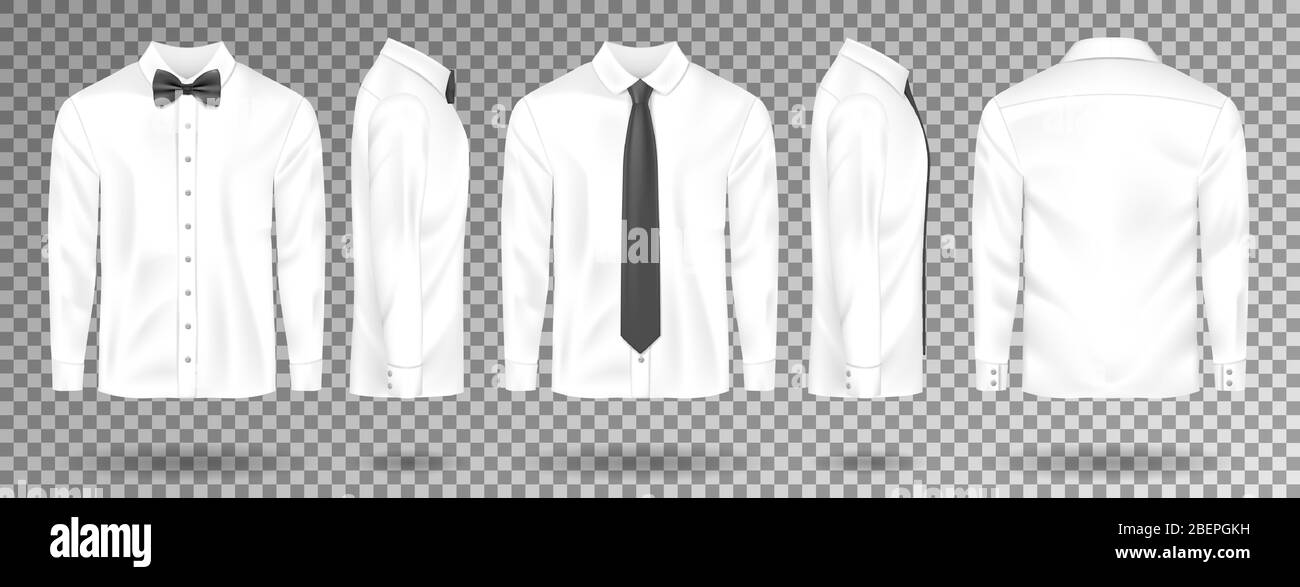 Camicia bianca vuota con cravatta nera e cravatta a prua isolata. Maglia da uomo realistica mock-up con maniche lunghe davanti, lato, retro vista. Illustrazione vettoriale Illustrazione Vettoriale
