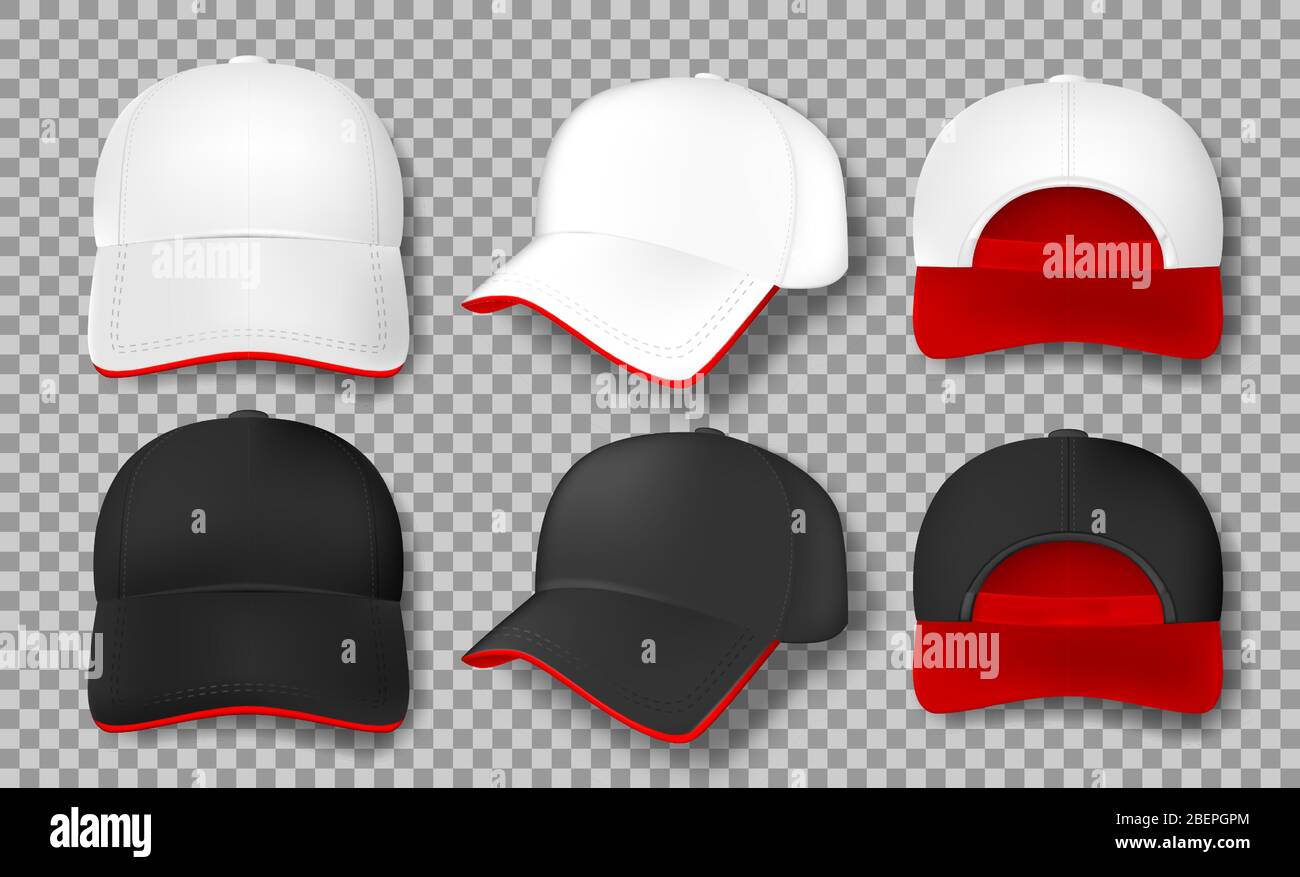 Cappuccio da baseball realistico isolato, cappuccio in tessuto bianco e nero con visiera rossa, vista frontale, posteriore e laterale. Modello elemento di design. Vettore Illustrazione Vettoriale