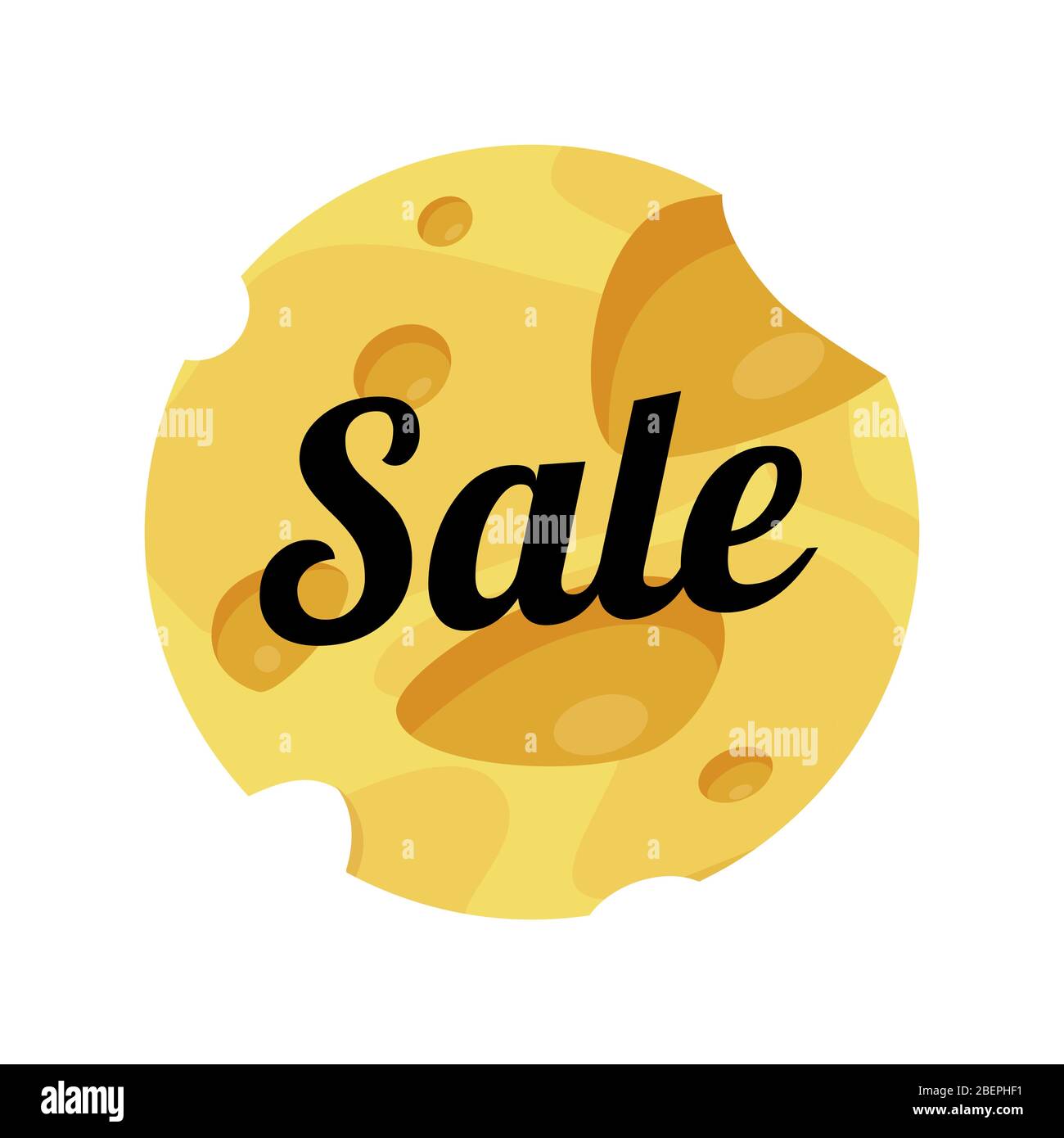 Formaggio Vendita etichetta forma rotonda su sfondo bianco. Illustrazione vettoriale del formaggio Maasdam forato con didascalia in vendita. Illustrazione Vettoriale