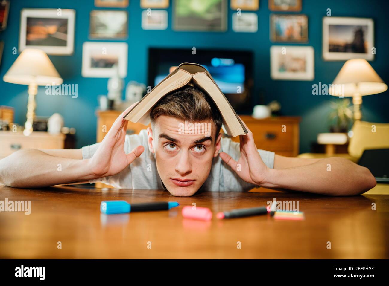 Stressato lazy casa studente studiando.Online-solo apprendimento lezioni homework.Exam materiale comprensione problem.difficile Homeschooling.Distance educati Foto Stock