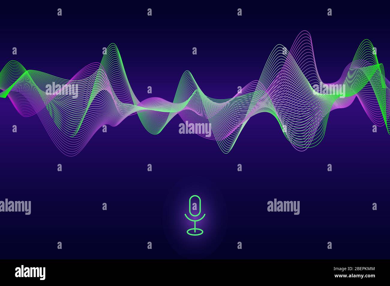 Vettore onda sonora a impulsi astratti. Concetto di assistente vocale. Tecnologia di riconoscimento vocale del microfono, flusso d'onda, sfondo dell'equalizzatore. Vettore Illustrazione Vettoriale