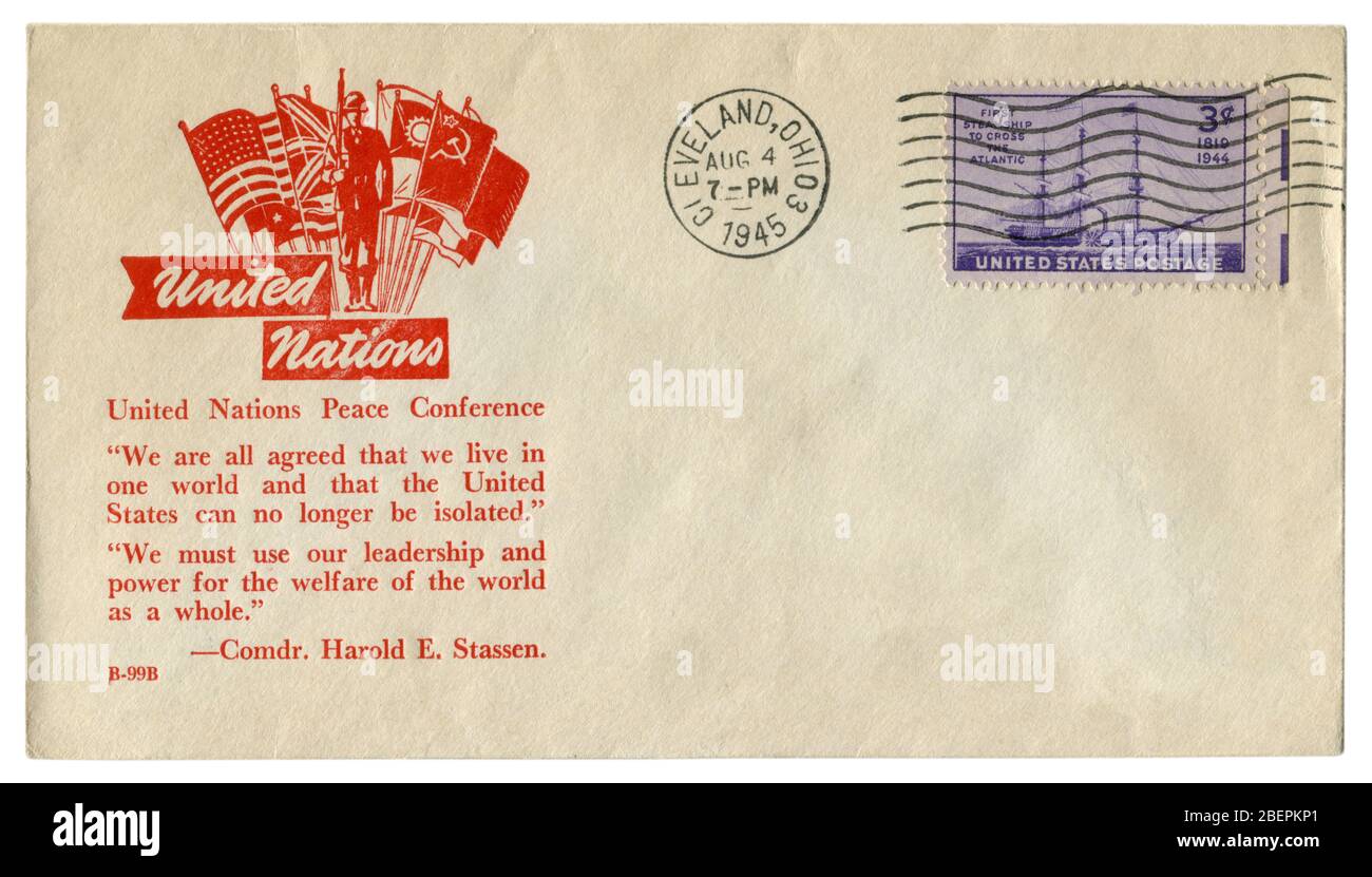 Cleveland, Ohio, Stati Uniti - 4 Agosto 1945: noi busta storico: il coperchio con un cachet di pace delle Nazioni Unite, in conferenza le bandiere delle potenze alleate Foto Stock