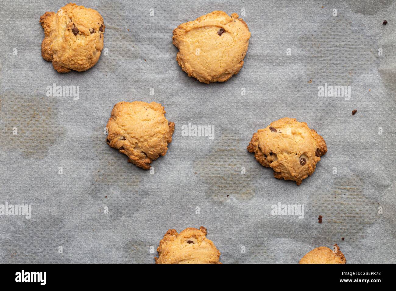 Biscotti fatti in casa al cioccolato artigianale su carta grigia da forno Foto Stock