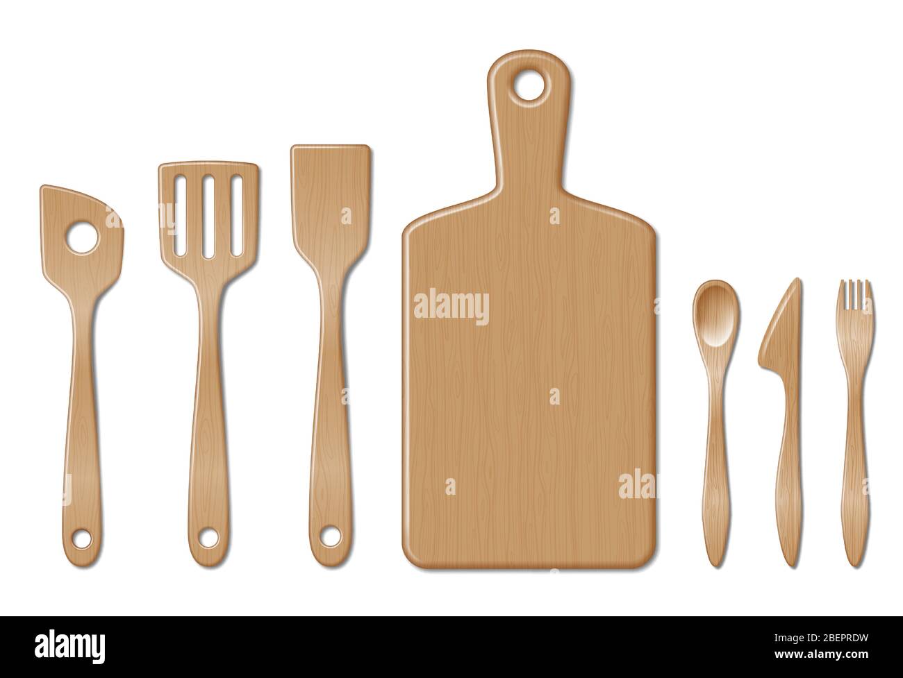 Utensili da cucina in bambù isolati su bianco. Set di utensili da cucina con cucchiaio, coltello per cena a forchetta e piatto piatto, piatto. utensili da cucina in legno Illustrazione Vettoriale