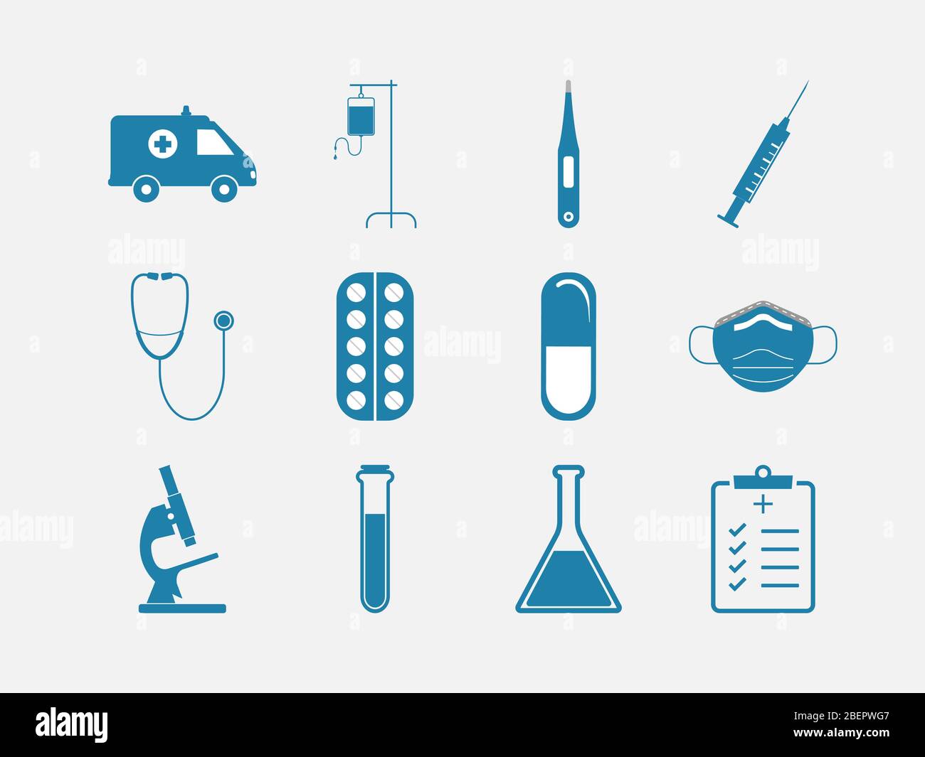 Set di icone per il settore sanitario e medico. Illustrazione vettoriale, design piatto. Illustrazione Vettoriale