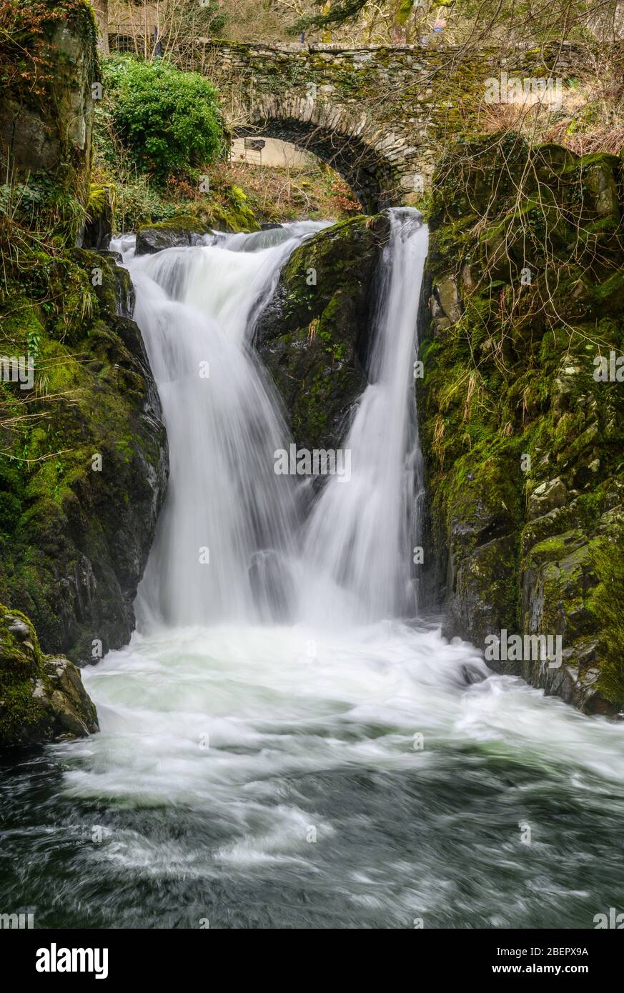 Cascate a Rydal Hall nel Lake District Foto Stock
