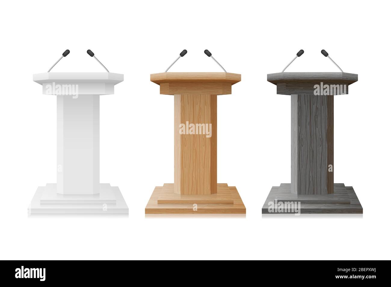 Podio in legno e bianco Tribune vuoto set. Dibattito Podium Stand con microfoni mockup isolato. Illustrazione per la presentazione aziendale. Vettore Illustrazione Vettoriale