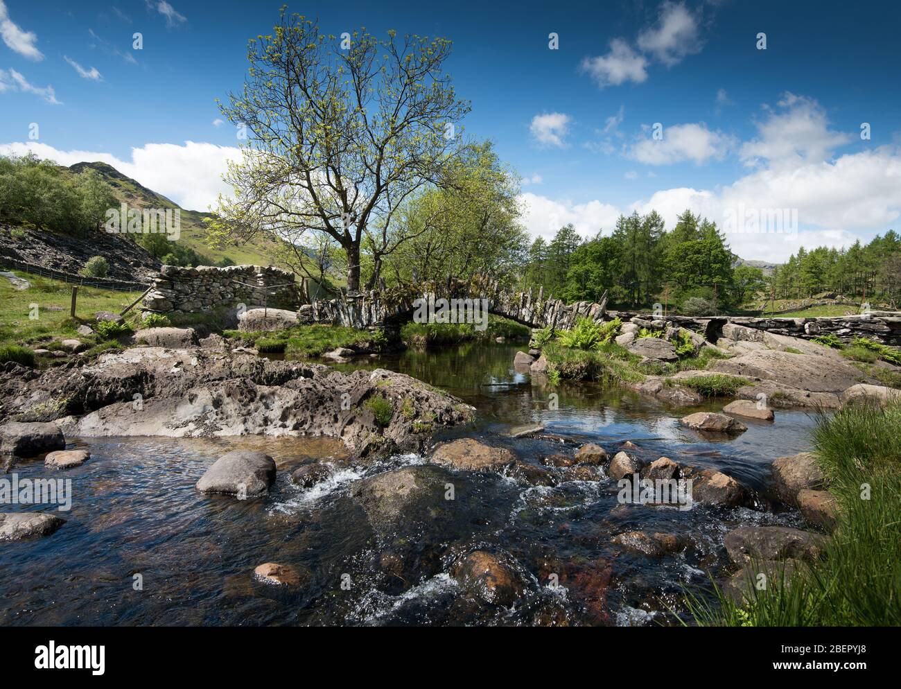 Vecchia briadge di cavallo a Langdale nel Distretto del Lago in una giornata di sole in primavera Foto Stock