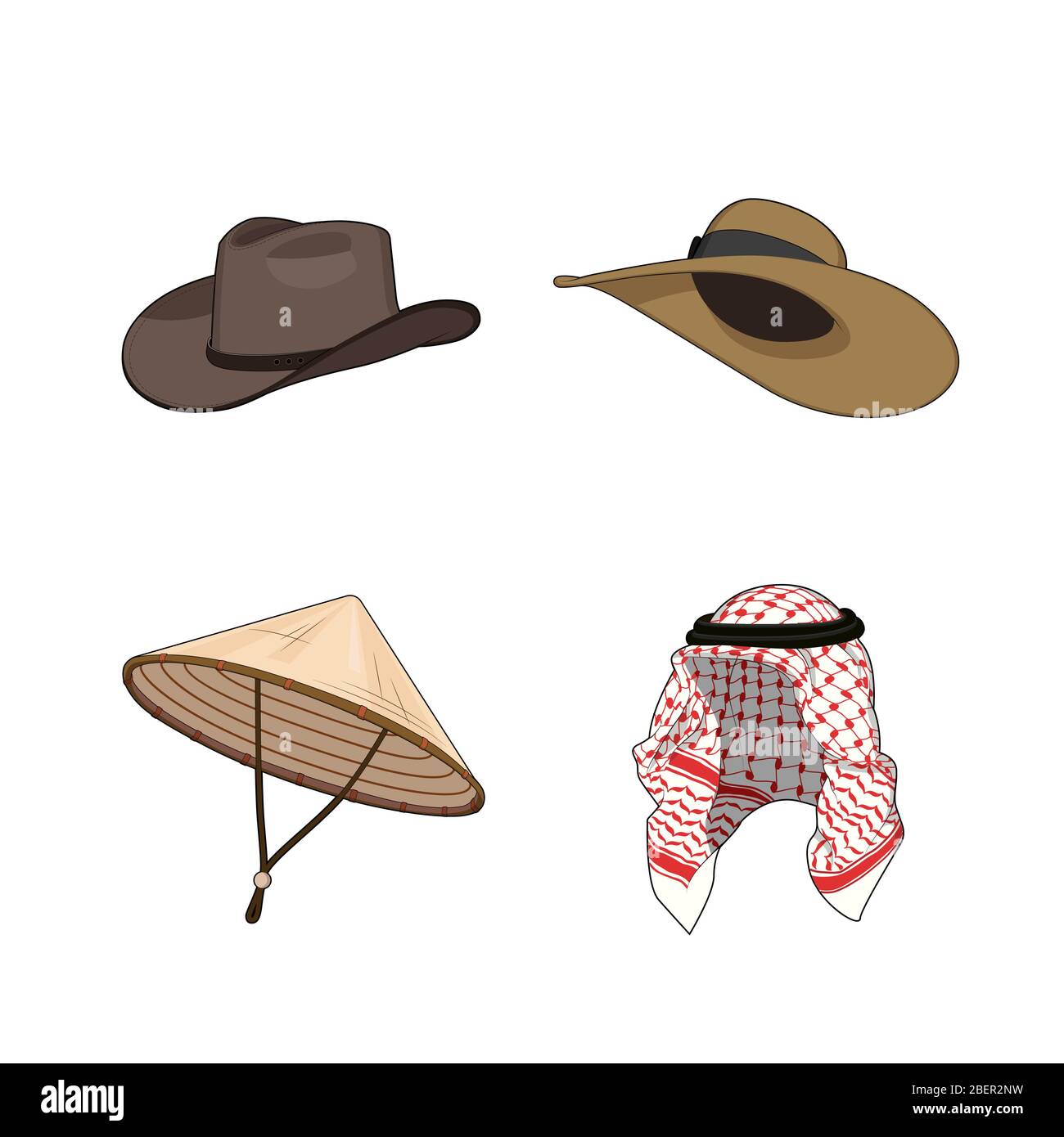 Set di cappelli tradizionali e accessori per la testa. Cappello di bambù  triangolare cinese o vietnamita, cappellini di signora del nad del cowboy,  sciarabica della testa musulmana. Vettore Immagine e Vettoriale -