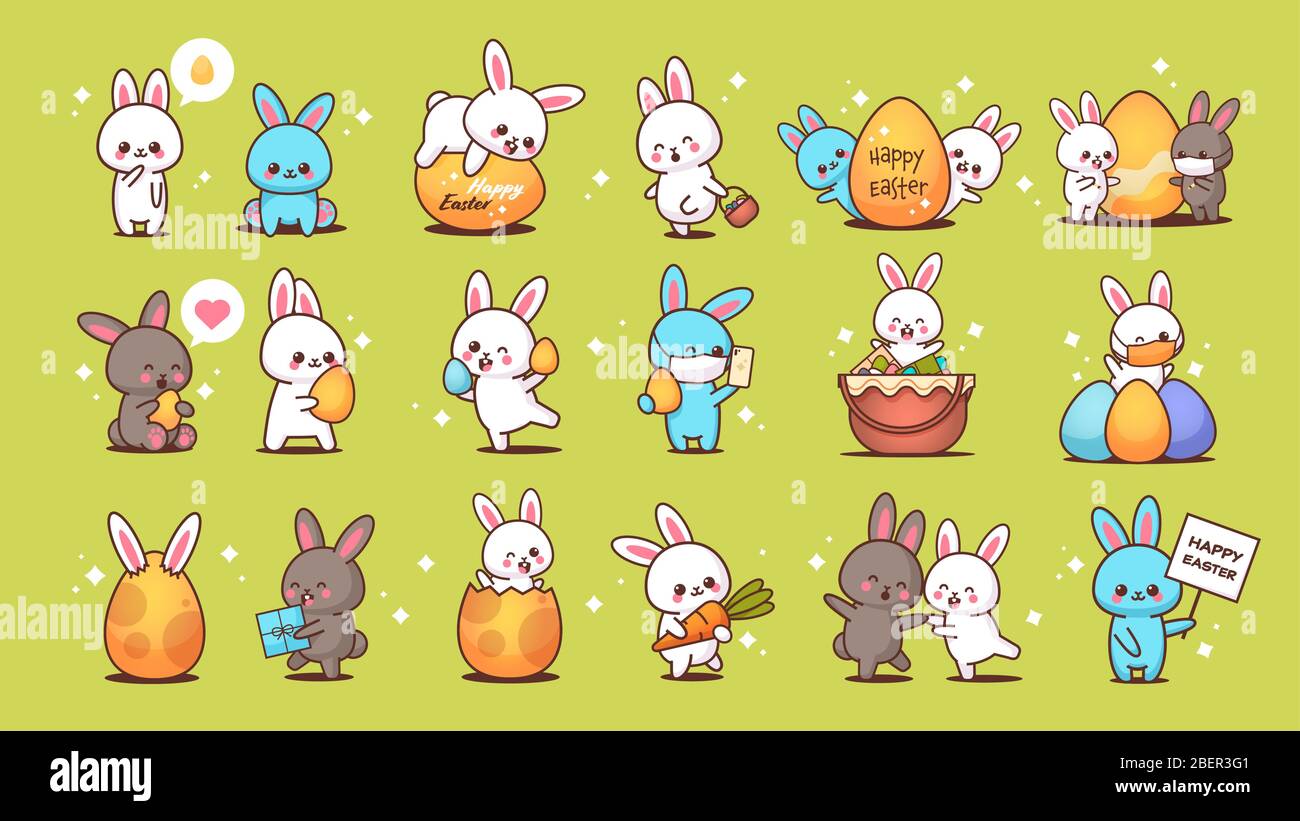 set simpatici conigli felice conigli di pasqua adesivi collezione primavera vacanza concetto orizzontale illustrazione vettoriale Illustrazione Vettoriale
