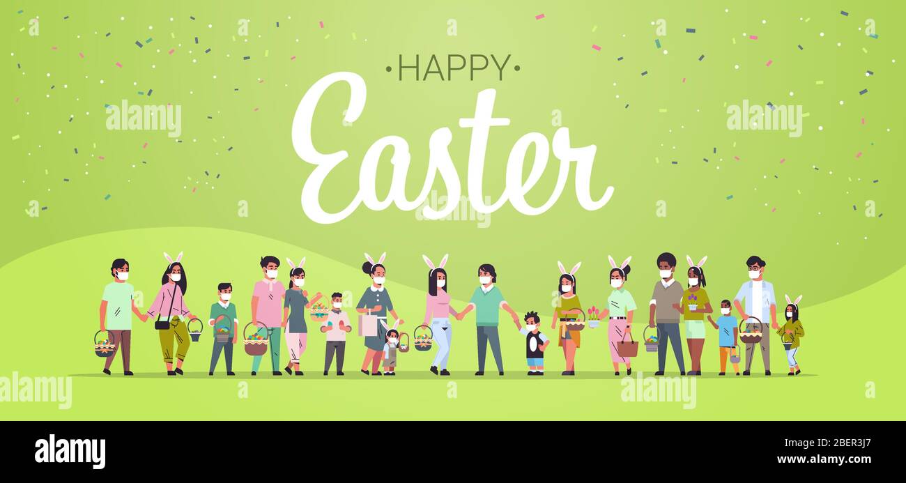 mix razza uomini donne che tengono cestini con uova persone indossare maschera per prevenire coronavirus celebrazione felice pasqua vacanze orizzontale a tutta lunghezza scritta mano scritta poster illustrazione vettoriale Illustrazione Vettoriale