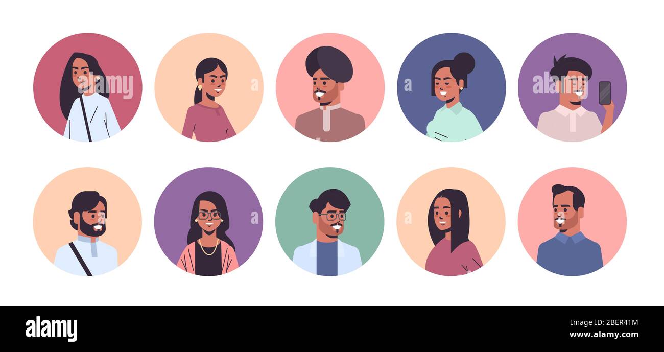 set indian uomini donne avatar sorridente maschio femmina cartoon personaggi raccolta orizzontale ritratto vettore illustrazione Illustrazione Vettoriale