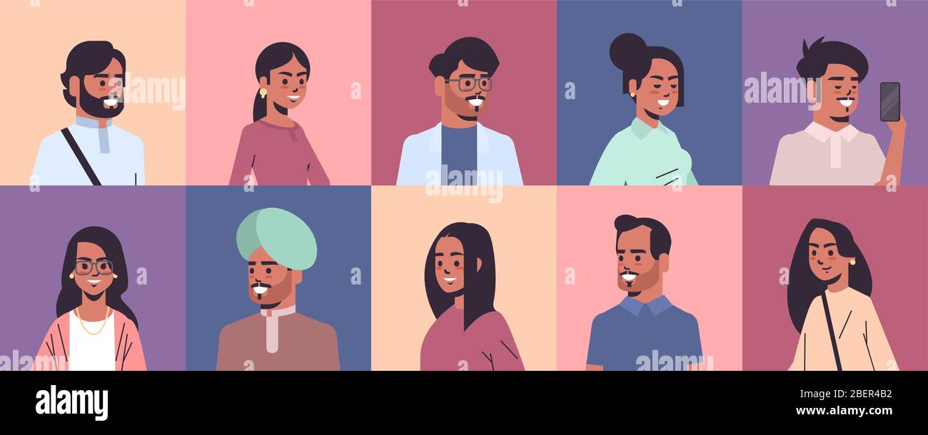 set indian uomini donne avatar sorridente maschio femmina cartoon personaggi raccolta orizzontale ritratto vettore illustrazione Illustrazione Vettoriale