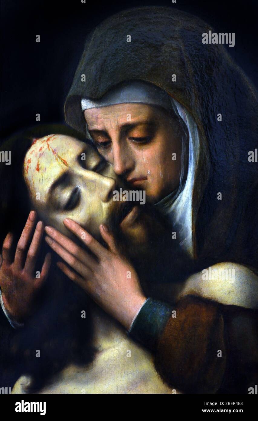 Vierge de douleur, Vergine del dolore (Mater dolorosa) di Luis de Morales (1509–1586) 16 ° secolo, Spagna, spagnolo, ( Gesù Cristo morto e tra le braccia di sua madre, la Vergine Maria. ) Foto Stock