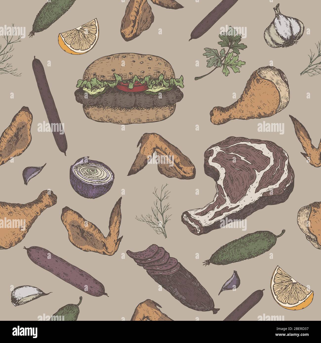 Prodotti a base di carne dal colore senza cuciture, con schizzi di salumi, salsicce, hamburger, bistecche, pollo, verdure. Illustrazione Vettoriale