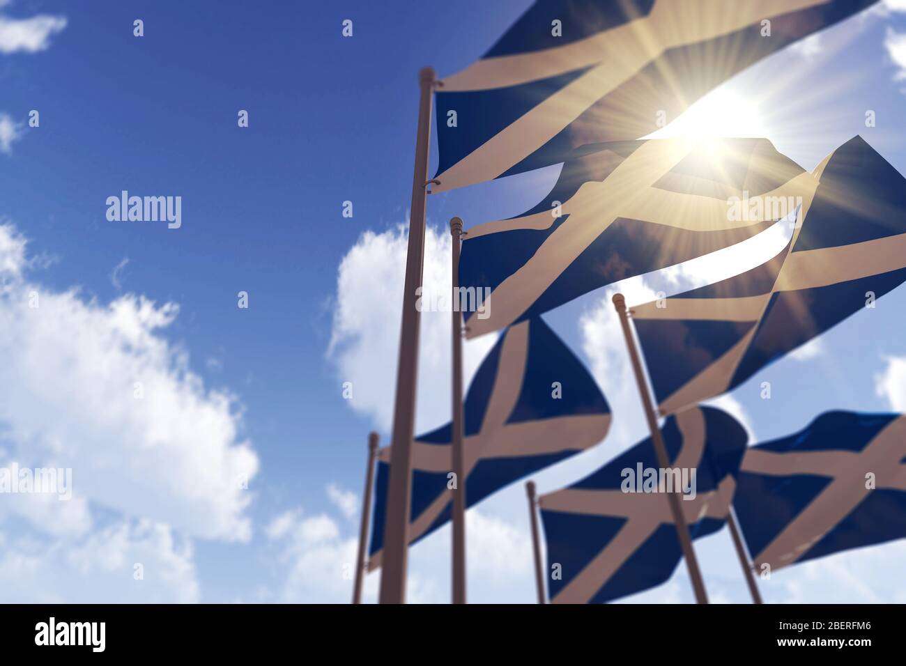 Le bandiere scozzesi che sventolano contro un cielo blu. Rendering 3D Foto Stock