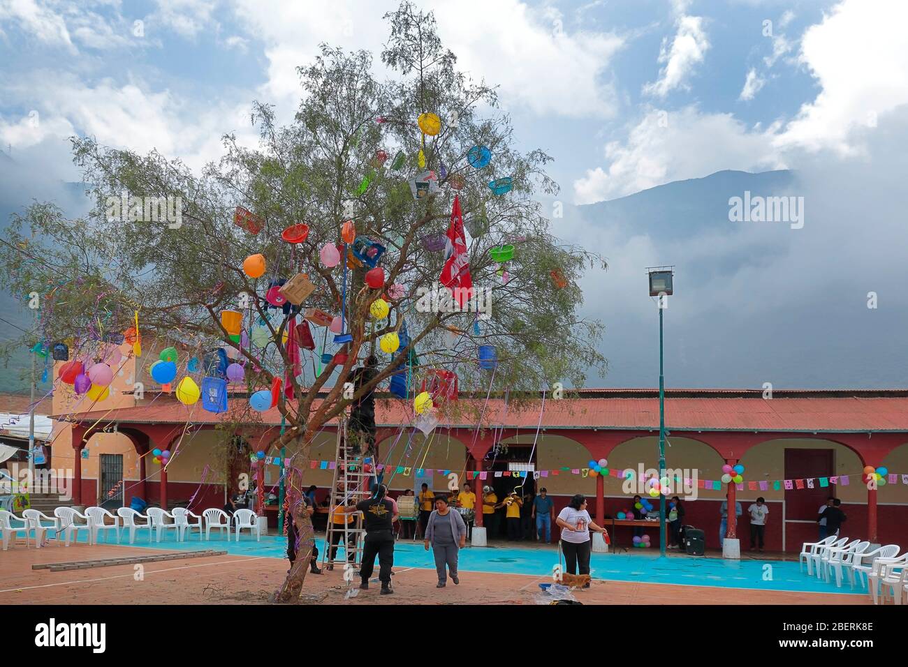 Callhuanca, Lima. 16 febbraio 2020 - scena dei preparativi per il partito popolare chiamato 'Yunza' che consiste nel ballare e abbattere la t Foto Stock