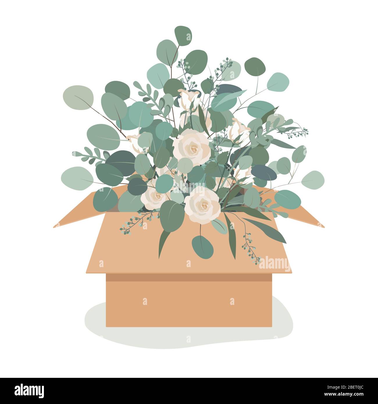 Bellissimo bouquet di lusso in una scatola artigianale. Fiori di rose, e rami di eucalipto. Illustrazione vettoriale Illustrazione Vettoriale