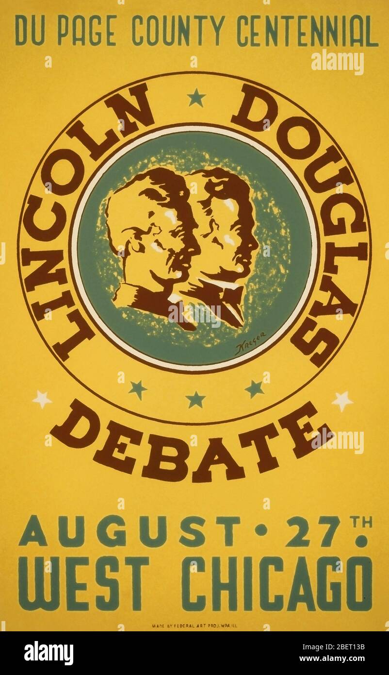 Poster WPA vintage che fa pubblicità a una rievocazione del dibattito Lincoln-Douglas. Foto Stock