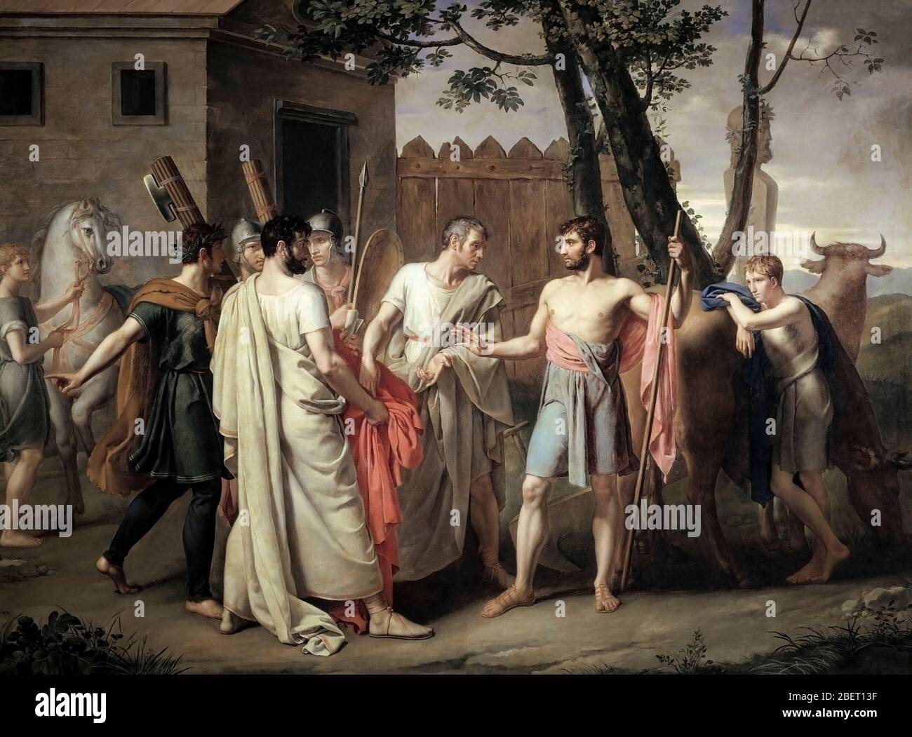 Pittura di Cincinnatus lasciando l'aratro per andare dettare leggi a Roma. Foto Stock