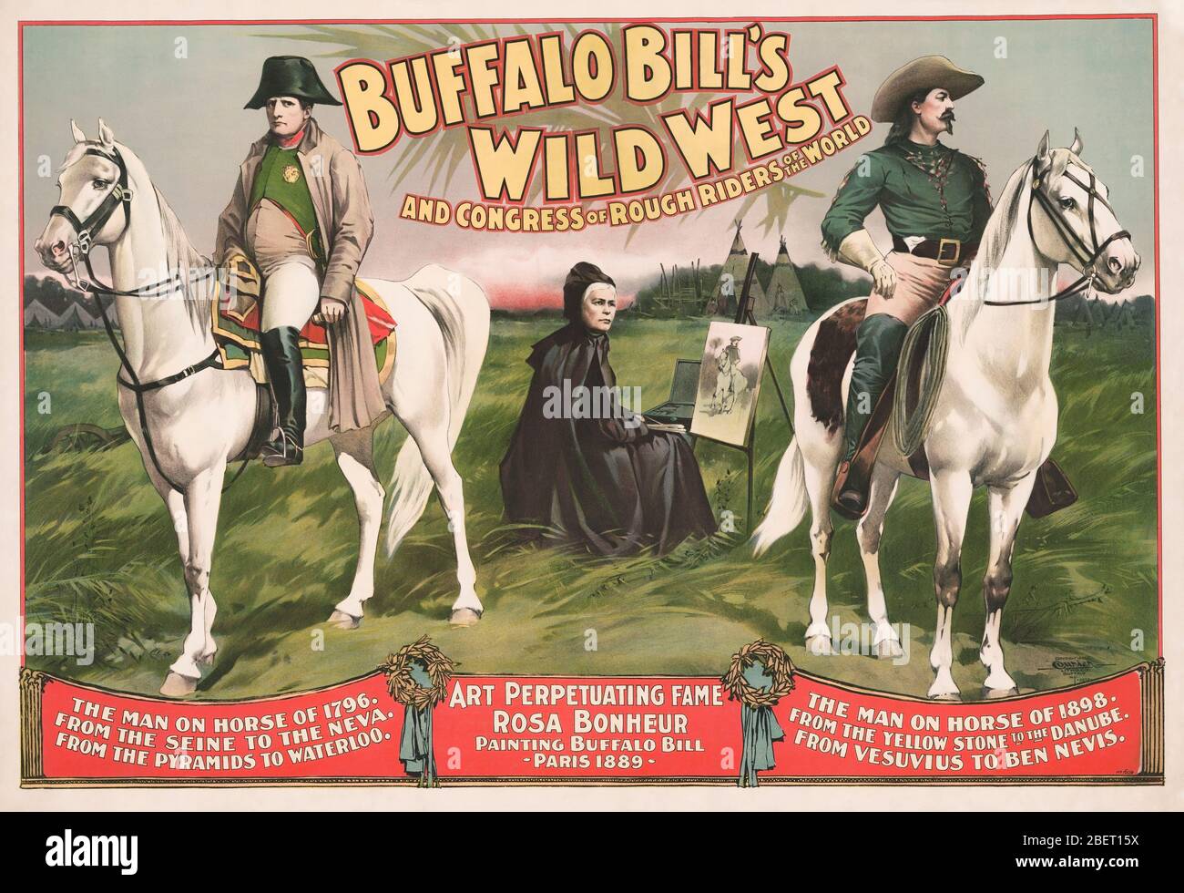 Poster d'intrattenimento d'epoca di Napoleone Bonaparte e Buffalo Bill a cavallo. Foto Stock