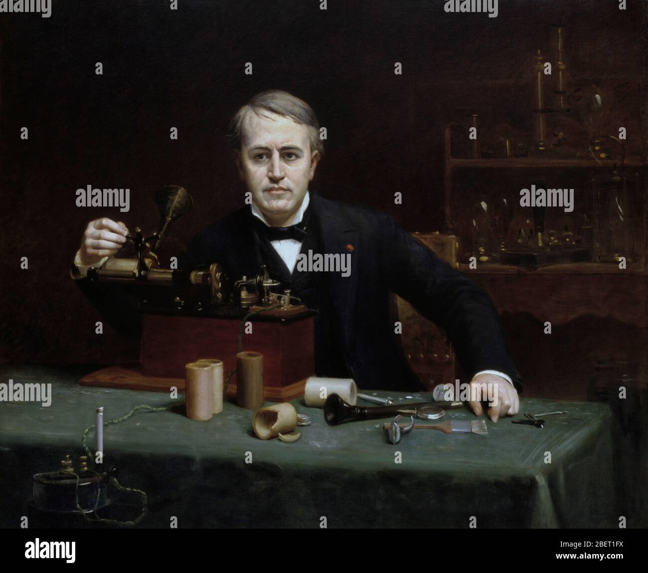 Pittura ad olio dell'inventore Thomas Edison nel suo laboratorio. Foto Stock