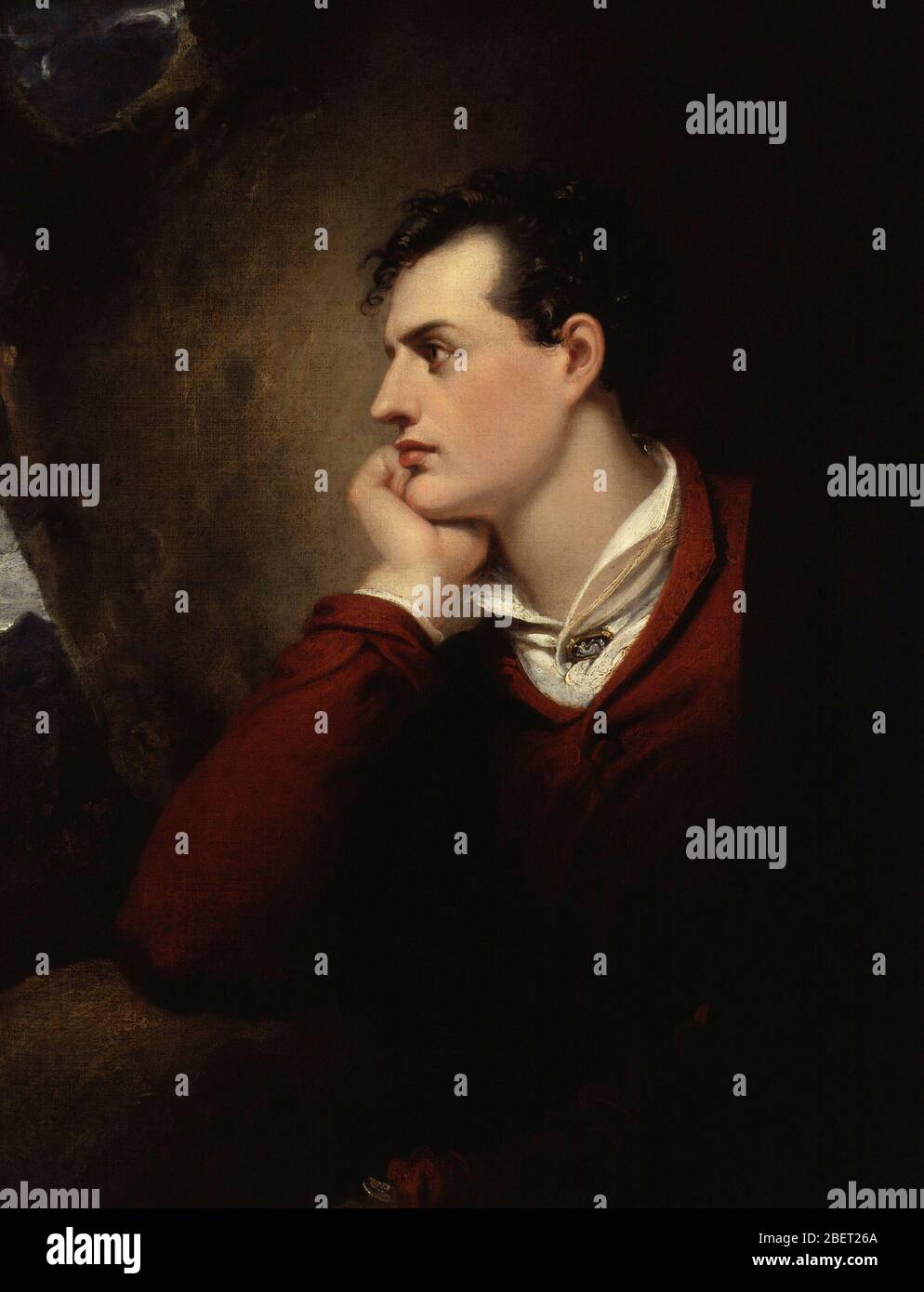 Ritratto del poeta inglese George Gordon Byron in una posa di fronte a sinistra. Foto Stock