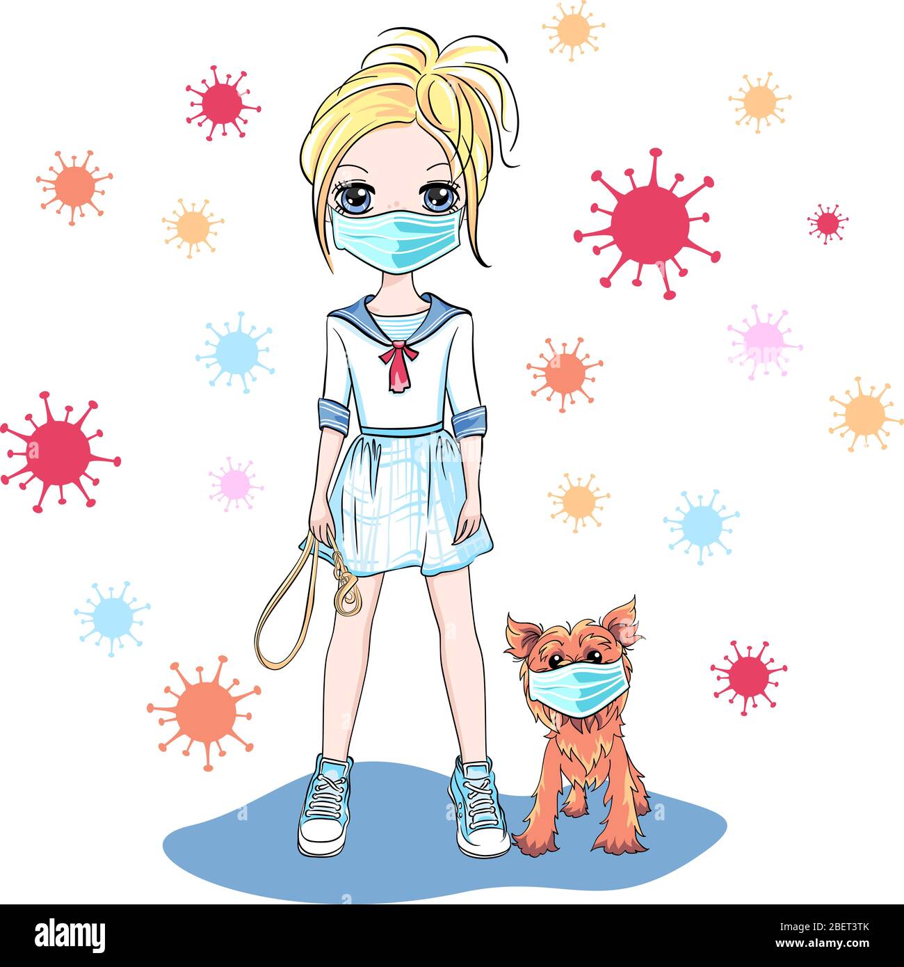 Vettore cute bionda ragazza a piedi un cane durante coronavirus COVID-19 quarantena. Ragazza e cane in maschere protettive. Illustrazione Vettoriale