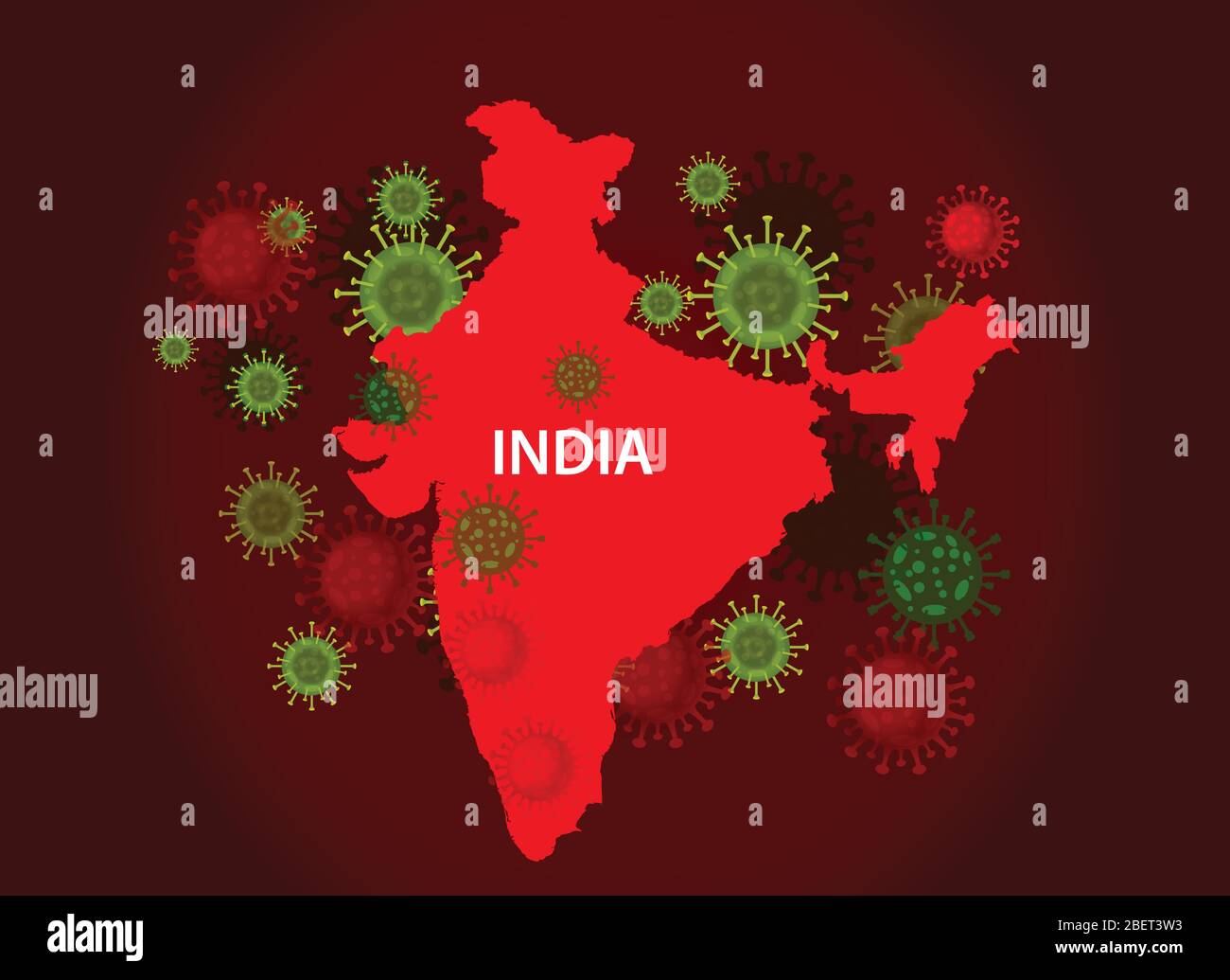 Mappa India con il concetto di virus covid-19. Il coronavirus è diffuso in tutto il mondo ed è infettato in tutti i paesi. Illustrazione vettoriale del desig della mappa rossa Illustrazione Vettoriale