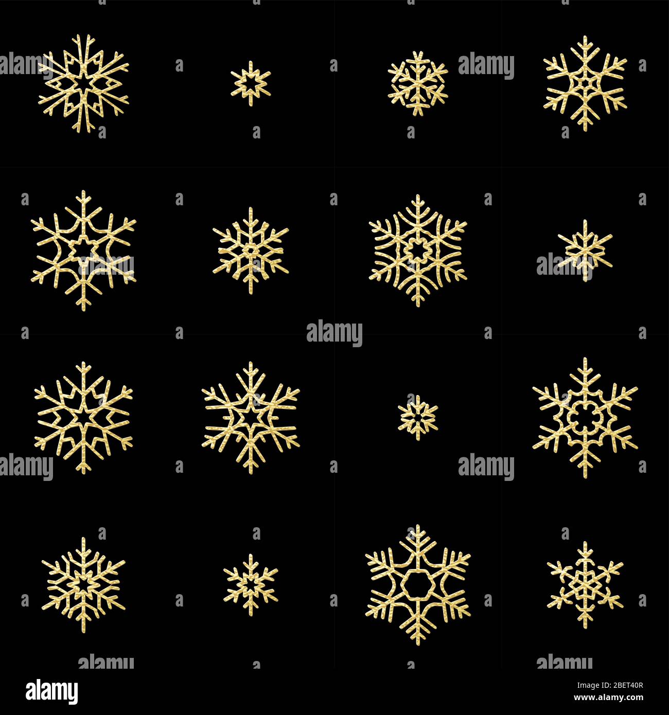 Set di sedici rampicanti fiocchi di neve dorati isolati su sfondo nero. Nuovo anno e biglietto di Natale oggetto di decorazione scintillante. EPS 10 Illustrazione Vettoriale