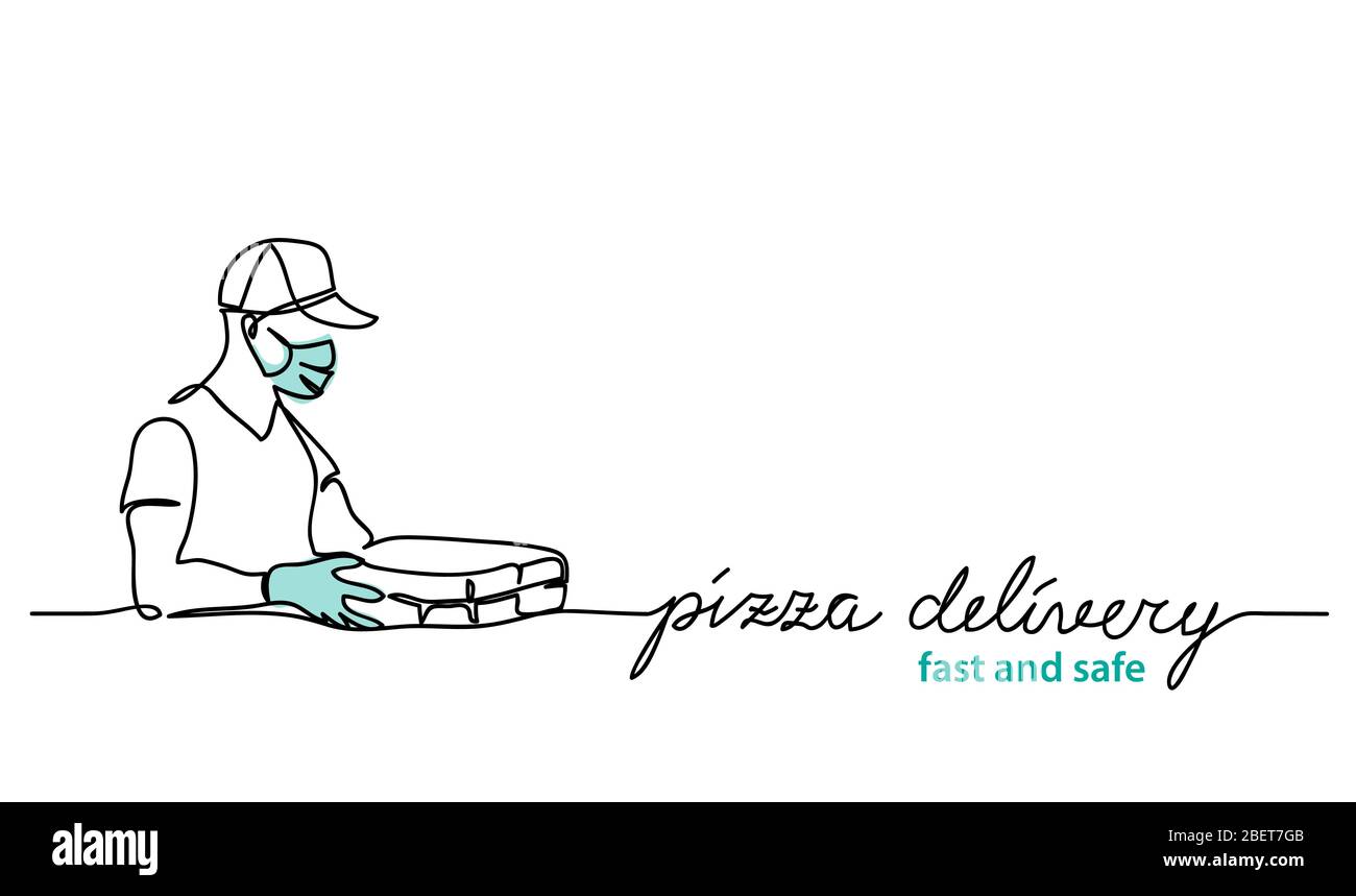 Consegna pizza, veloce e sicura. Banner Web vettoriale con illustrazione delivyman che contiene scatole per pizza. Un disegno continuo di deliveryman. Illustrazione Vettoriale