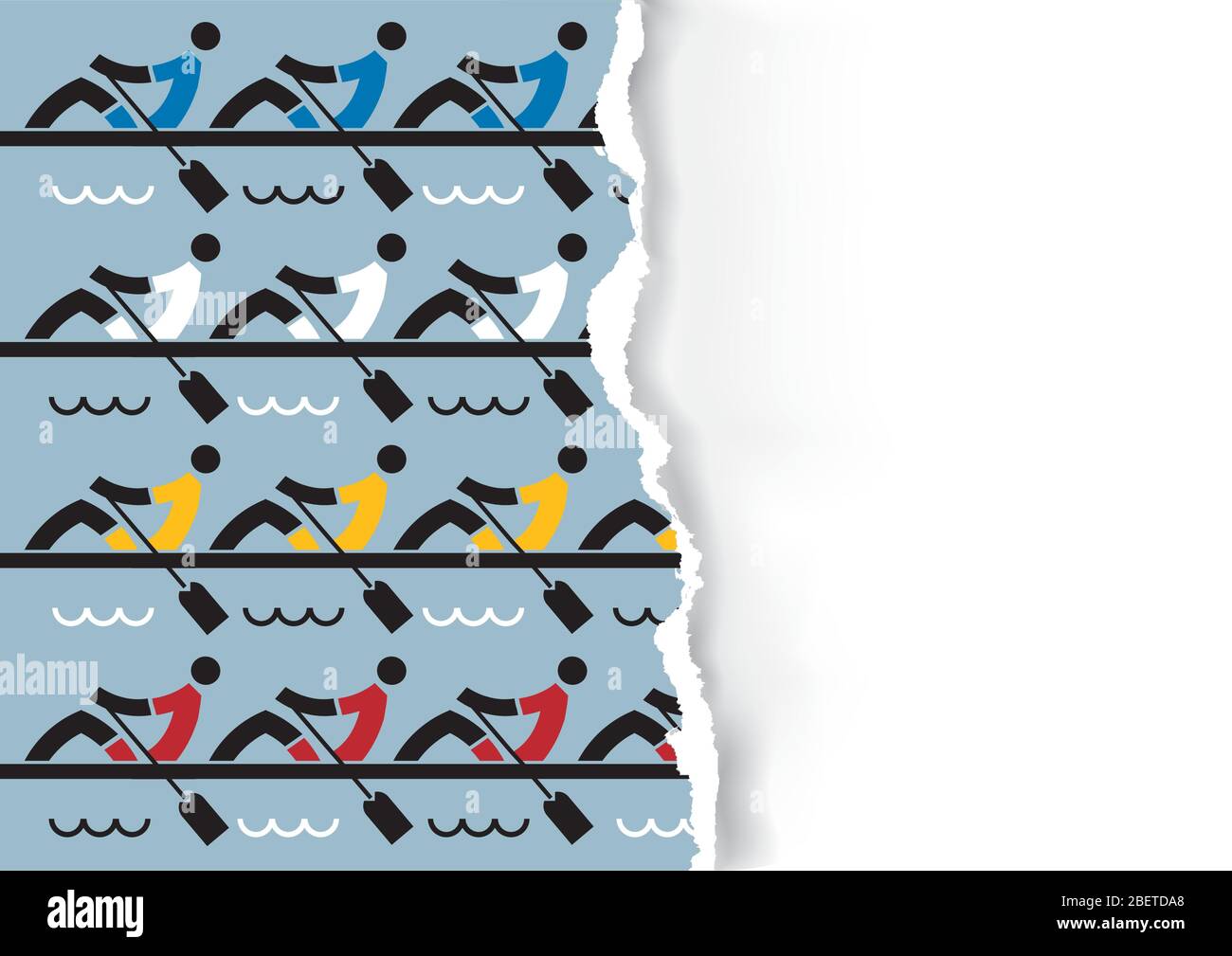 Rowing Race , icone su sfondo di carta strappata. Sfondo con simboli colorati di canottaggio. Modello di banner, posizionarlo per il testo o l'immagine. Vettore disponibile Illustrazione Vettoriale
