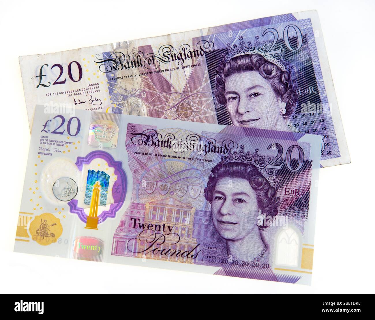 Nuova banconota da 2020 sterline e vecchia banconota insieme Foto Stock