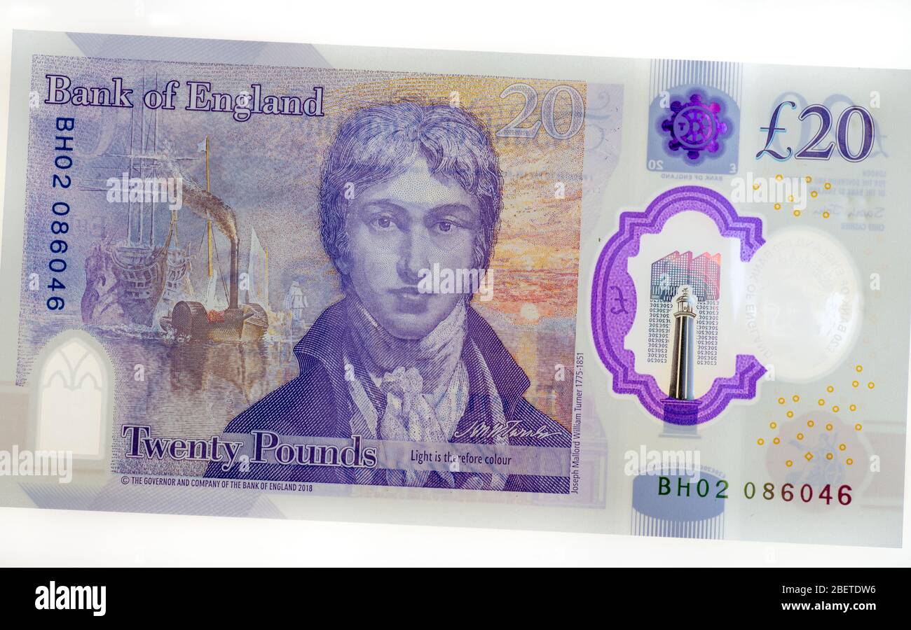 2020 nuova nota britannica da venti libbre con l'artista JMW Turner, realizzata in polimero plastico Foto Stock